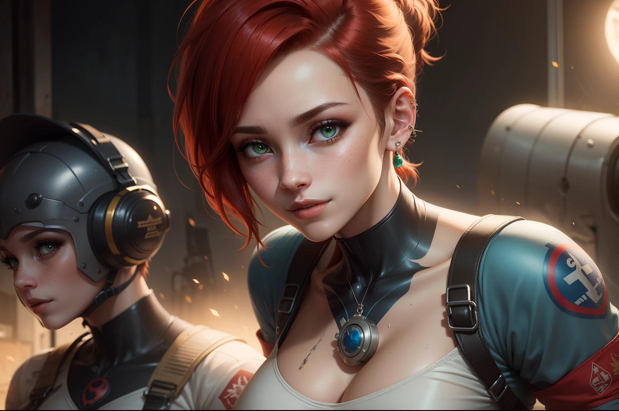 gwen tennyson,tracer,jill valentine, rebecca chambers,overwatch,resident evil,close up,mecha pilot,body paint, haunted mansion,tattoos,blue and gray plugsuit,white short sleeve silk top,steel cargo pants,uncovered belly, short hair,cute makeup,green eyes, red and gold hair,shy smile,freckles, redhead,beautiful girl,large breasts, ultra detailed,realistic,fantasy art, military uniform,steel armor,monster lab,moonlight,police uniform,pilot jacket,ear piercings,hair pin,wet body, portrait close up,