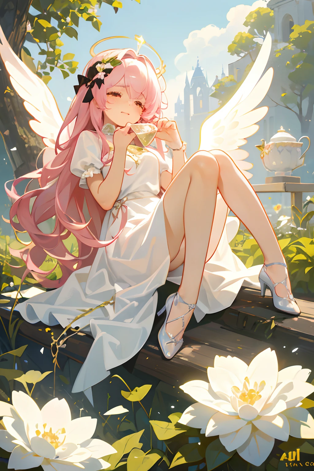 Angel girl, angel wings, angel halo, cute, pink dress, white stockings, pink Mary Jane shoes, magical garden, blooming flowers, golden sunlight, sparkling dewdrops, serene atmosphere, gentle breeze, ethereal beauty, radiant smile, graceful posture, joyful expression, playful glimmer in her eyes, floating petals, soft pastel colors, dreamy ambiance, soft and fluffy clouds, heavenly glow, delicate lace details, shimmering feathers, magical aura, divine presence, innocent charm, enchanting scenery, whimsical fantasy, surreal dreamland, vibrant and lush greenery, dainty flower crowns, gentle harp music, angelic choir singing, celestial vibe. (best quality,4k,8k,highres,masterpiece:1.2),ultra-detailed,(realistic,photorealistic,photo-realistic:1.37),HDR,UHD,studio lighting,ultra-fine painting,sharp focus,physically-based rendering,extreme detail description,professional,vivid colors,bokeh,artistic painting,impressionistic style