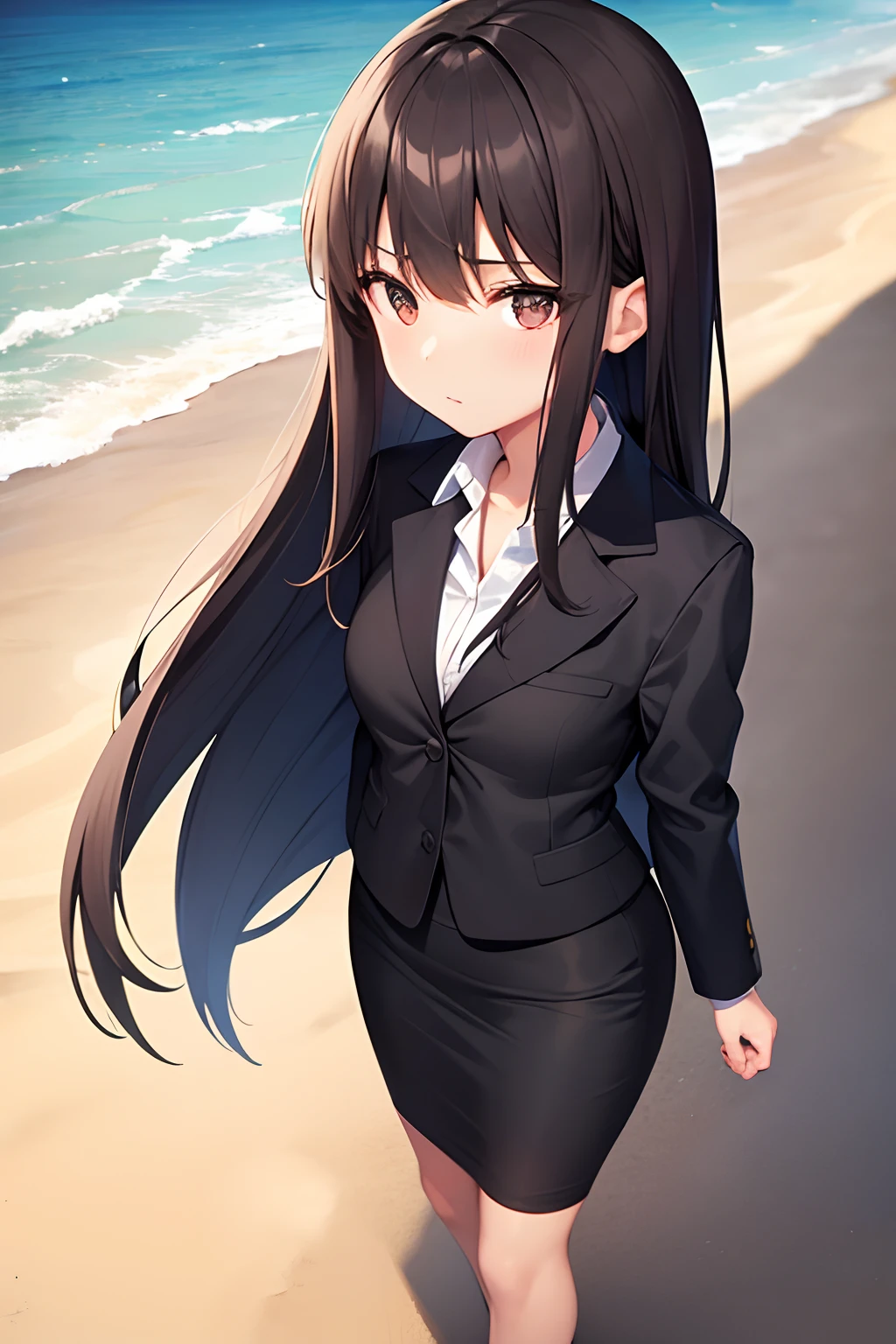 1girl, suit, beach, office lady, black skirt, black blazer, pencil skirt, medium skirt, brown hair, long hair, ager, full body