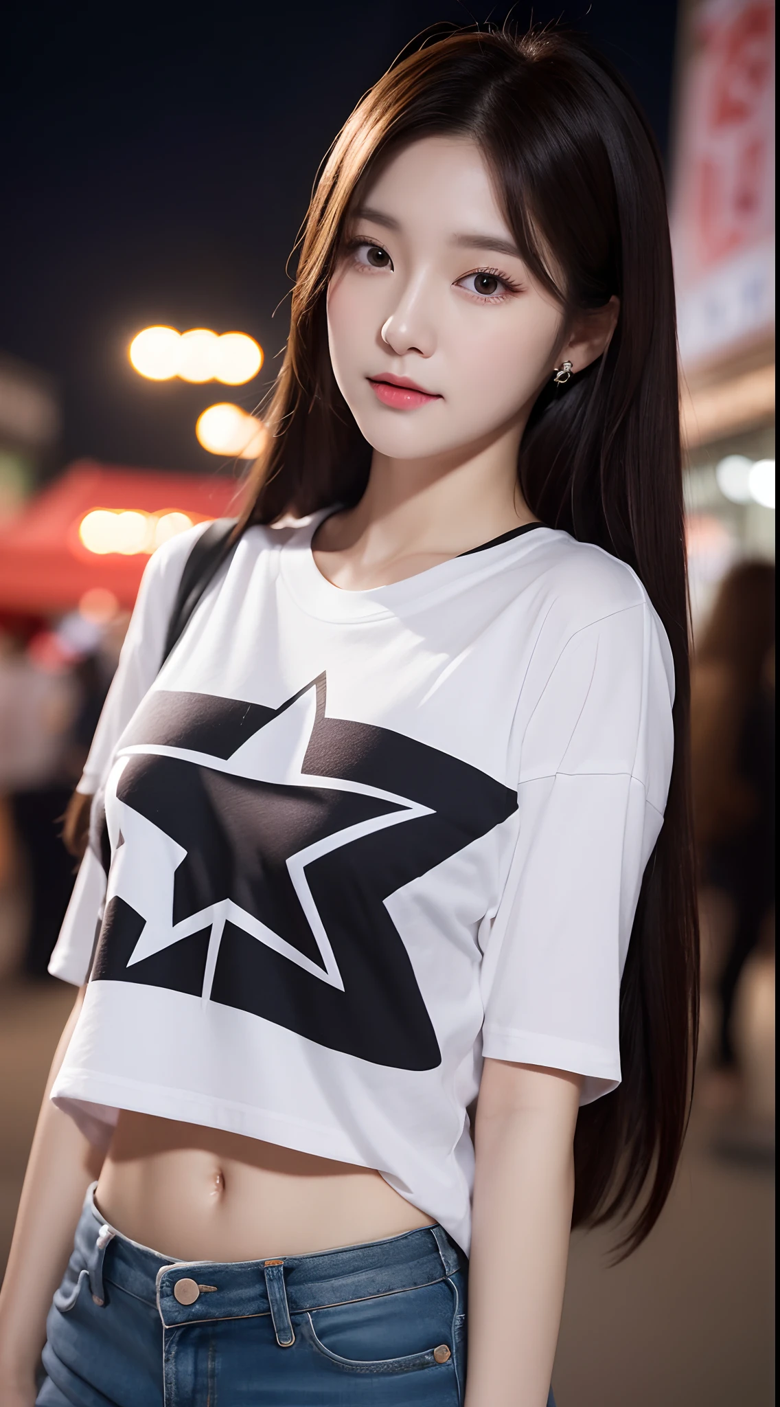 Realistic photos of (1 cute Korean star) flipped hair, thin makeup, 32 inch breasts size,wearing crop t-shirt, pants, standing in the night market, close-up portrait, UHD