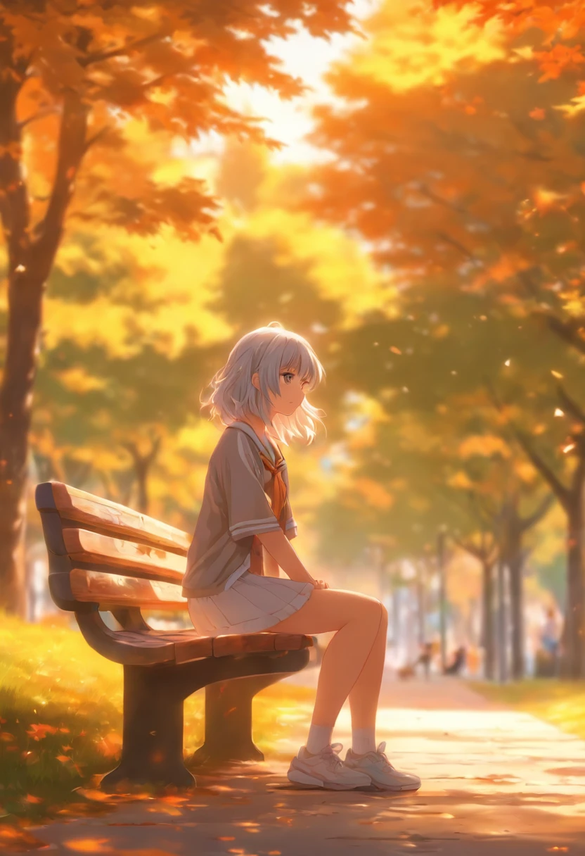 High school girl is alone in the park without clothes　Silver hair short　Sunny Park　There is a bench nearby