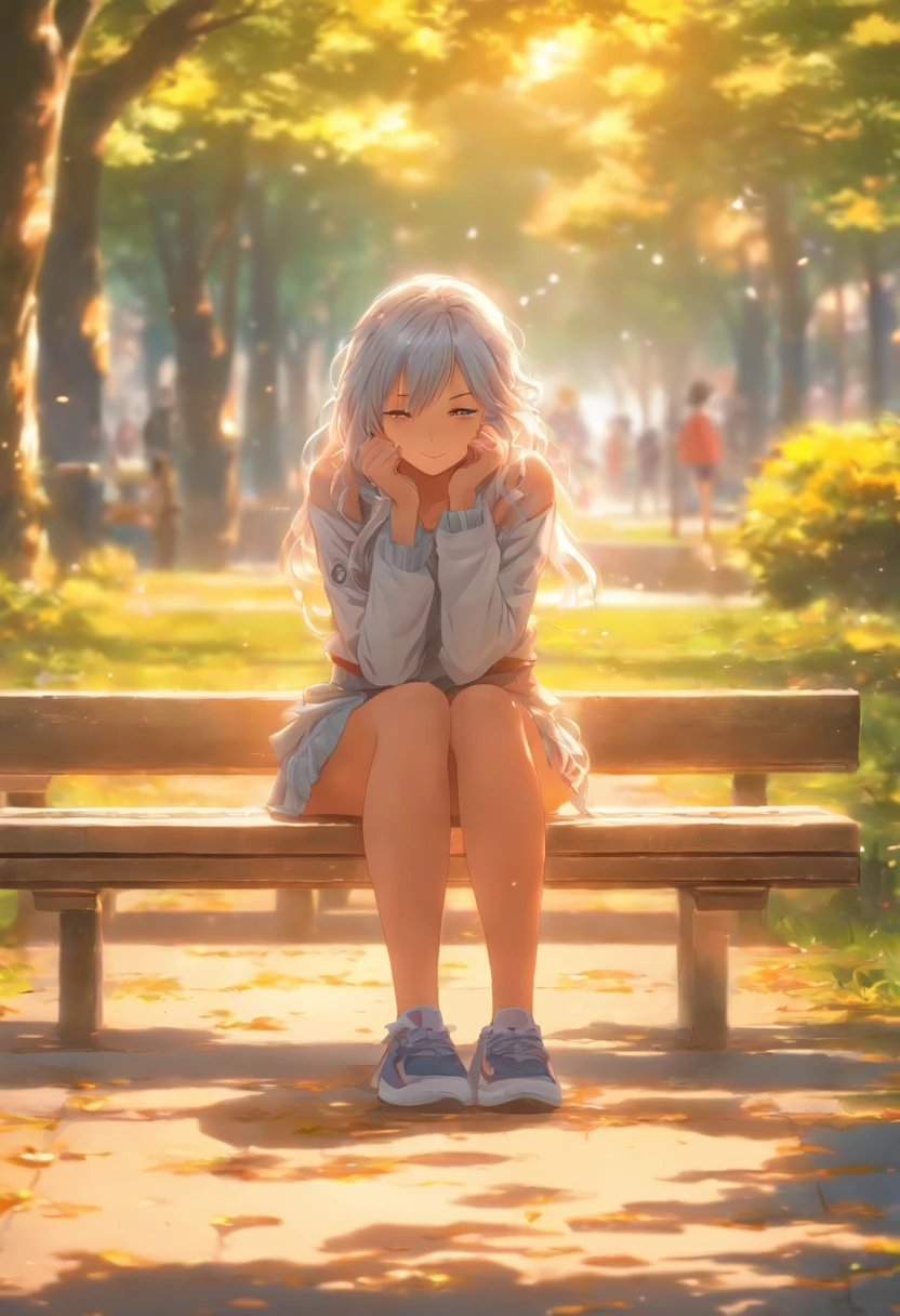 High school girl is alone in the park without clothes　Silver hair short　Sunny Park　There is a bench nearby