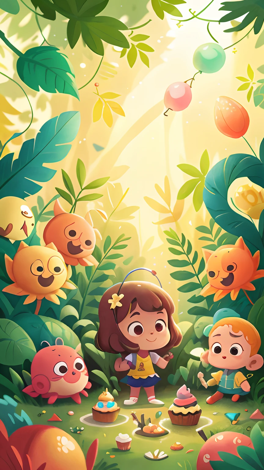uma menina bonita, jardim de doces,Lots of cupcake-shaped balloons,alegria,regozijar,Estilo de pintura achatado,Perfect quality for commercial illustrations,Clear focus(Desordem - Home:0.8), (tmasterpiece:1.2) (realista:1.2) (Bokeh) (melhor qualidade) (Pele detalhada:1.3) (Detalhes complexos) (8k) (Olhos Detalhados) (foco nítido),(Divirta-se),Grampo