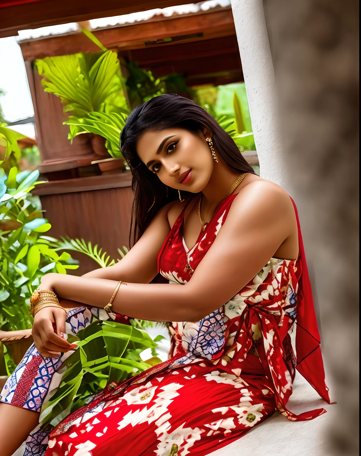 Indian female model Hemamalini  sitting on a porch with a plant in the background, candid picture, attractive girl, with lovely look, assamese aesthetic, sexy girl, candid photography, stunning woman, very seductive pose, stunning beauty, traditional beauty, stylish pose, lovely woman, modeling photography, profile photography, casual photography, gorgeous woman, gorgeous lady, glamorous pose, seductive lady