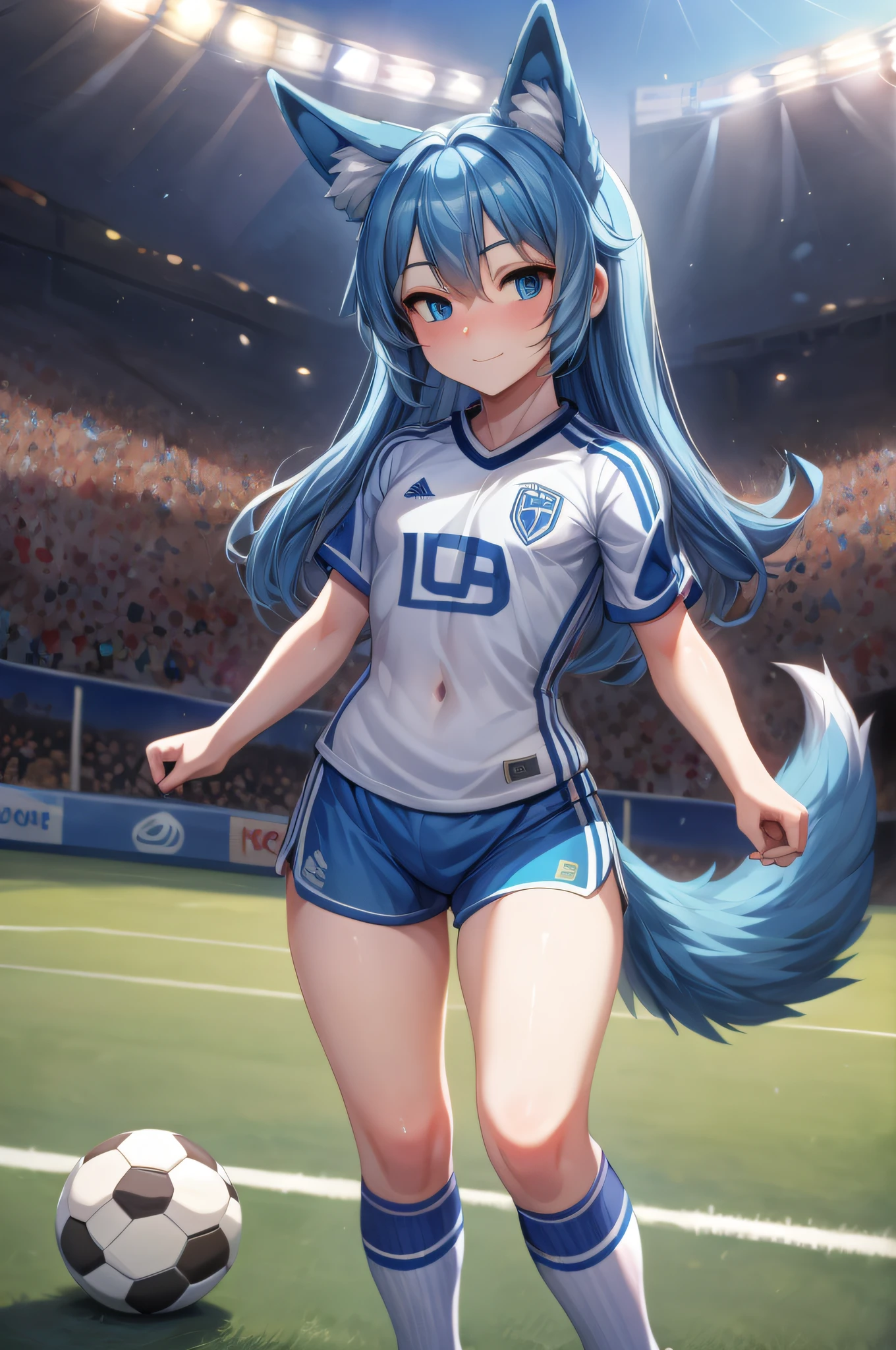 (Masterpiece) (High Detail) (High Res) A short petite humanoid girl with skin and blue eyes and long blue hair and blue dog ears and a big fluffy dog tail and average breasts and a large human cock. She is stood alone on a soccer field wearing a pair of soccer shorts with a crotch bulge in, a soccer jersey and long soccer socks.