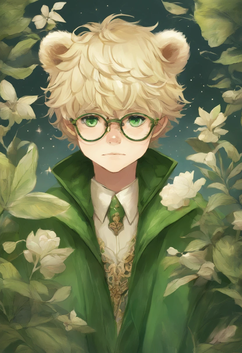 Bear ears、1 boy、a blond、eye glasses、Green eyes、green coat、The human、Beautiful Boys