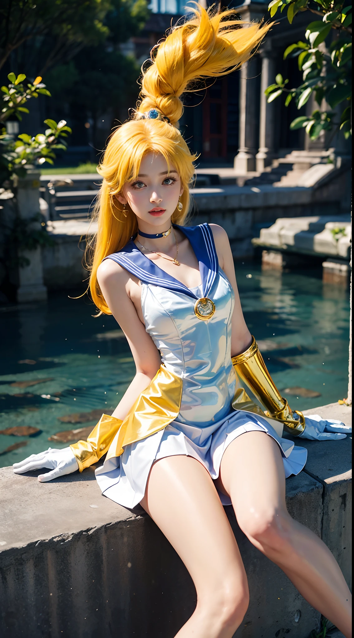 ((masterpiece:1.4)、(top-quality:1.4)、(reallistic:1.7))、masuter piece:1.4、a beauty girl、(Sailor Moon:1.4)、Tsukino Usagi、Body Fit Sexy Sailor Senshi Uniform、(latex shiny)、(The jacket is a white sleeveless sailor suit)、(Skirt is blue sexy ultra ultra mini skirt)、The collar of the sailor suit is blue with two thin lines.、high leg swimsuit、Red cloth ornament at chest、(Wearing white gloves)、Kawaii Girl、Super beauty、foco nítido、Portrait photos、Upper body photography:1.4、beautiful countenance、beautidful eyes、Narrow waist、(Yellow hair:1.4)、(length hair:1.2)、Raw photo、red-lips、Red high heels:1.4、a choker:1.4、a necklace:1.4、耳Nipple Ring:1.4、Luxurious golden tiara on forehead:1.4、1 screen display、Outdoor landscape