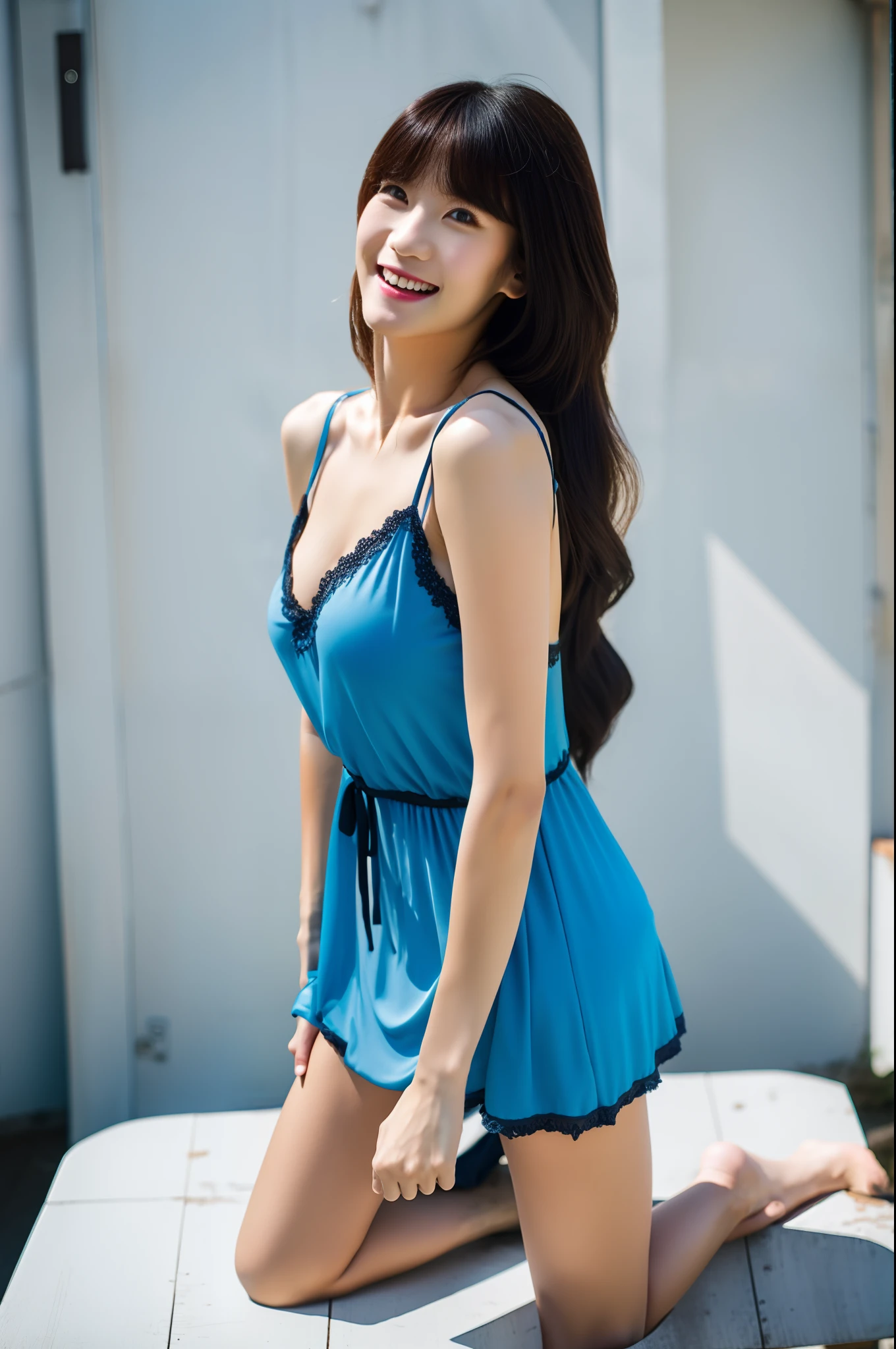 best quality, ultra-high res, (photorealistic:1.4), long hair, bangs, blue mini negligee, full body, looking_at_viewer. outdoor, little smile, high heels, standing Graceful, at the photo studio, Smooth lips, detailed eyes, breast cleavage, glaze