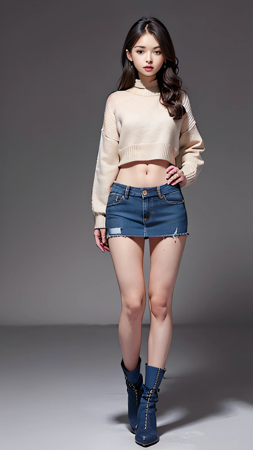 Slender Asian girl, Kpop Idol, ((gymnast)), ((of the highest quality, 8K, masutepiece: 1.3)), Crisp focus: 1.2, Beautiful woman with perfect figure: 1.4, Highly detailed face and skin texture, Detailed eyes, skinny, Beautiful face, Symmetrical face, full-length, ((wide open abdomen))、((open abdomen))、((wide open navel))、((open navel))、((Bare belly))、((Mid-Riff Sweater))、((Ultra-low rise、Denim Mini Skirt))、 ((Navel Ejection))、((small hips))、((Full body depiction))、((small  hip))、(boots)、((Ultra-low rise))、 ((Denim Mini Skirt))、((is standing))、