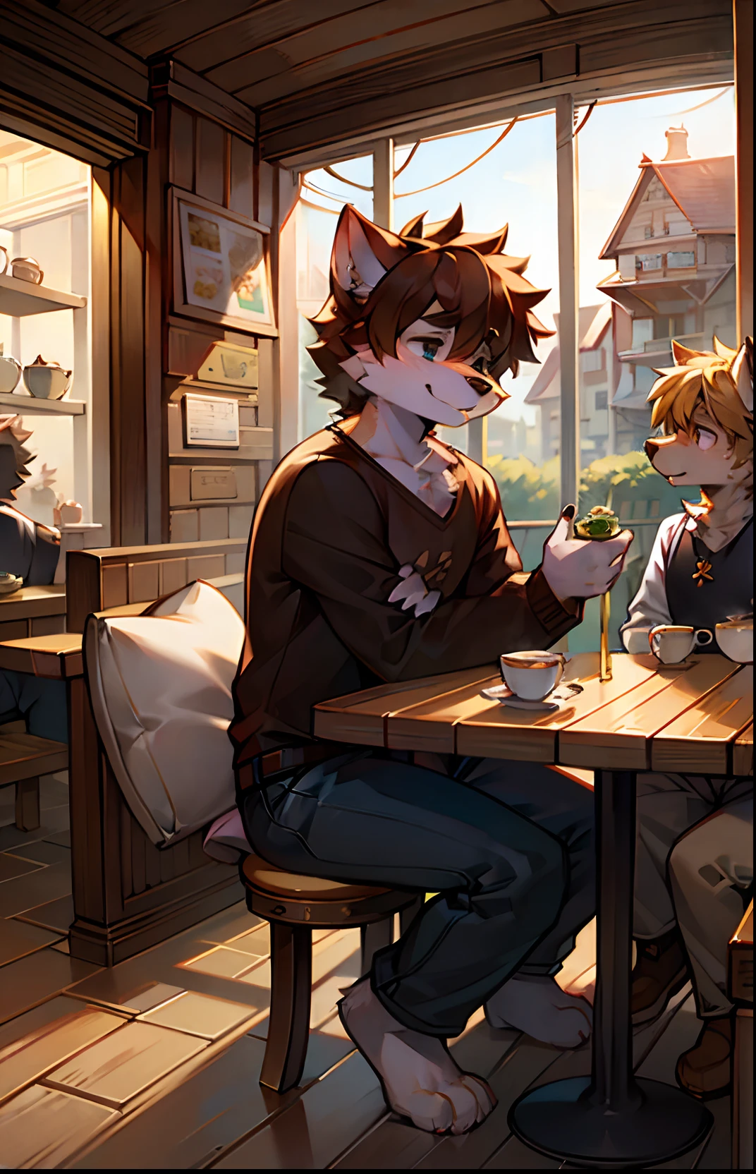 Furry-Neighbors 、shaggy、male people、Ultra-clear 4K fanart、Furry、Tea time、cafe shop、