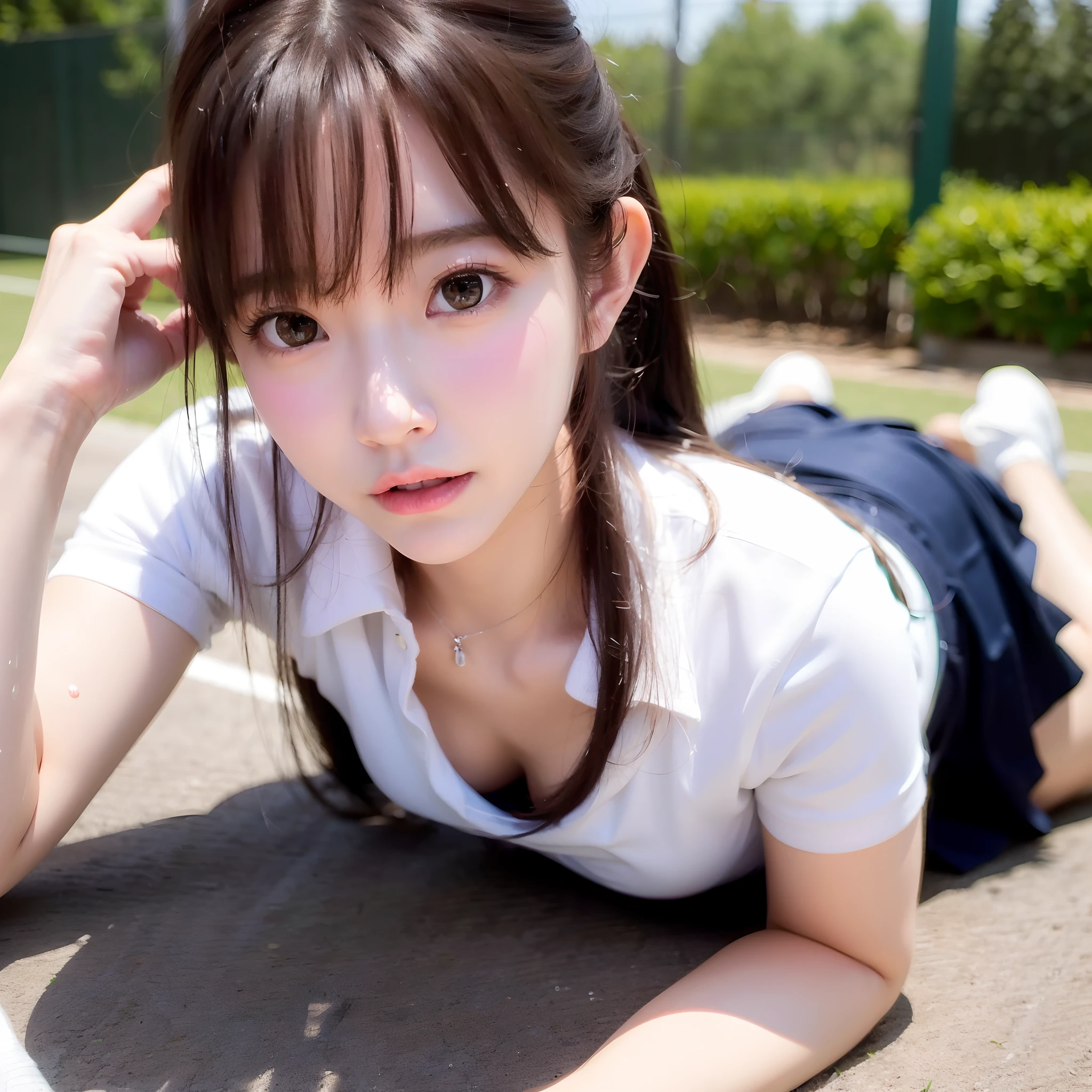 1girl, solo, white polo shirt, white sneakers, tennis wear, white , masterpiece, best quality, realistic, hyper-detailed, (shiny skin, sweaty:1.4), absurd, looking at viewer, short black hair, brown eyes, slender, dynamic lighting, high resolution, sharp focus, depth of field, detailed eyes, sharp pupils, realistic pupils, (small breasts:1.6), (thick thighs:1.0), outdoor, sky