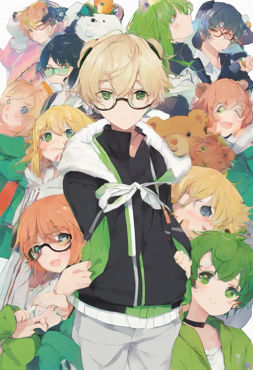 Bear ears、1 boy、a blond、eye glasses、Green eyes、green coat、Human Beauty Boys、short-haired