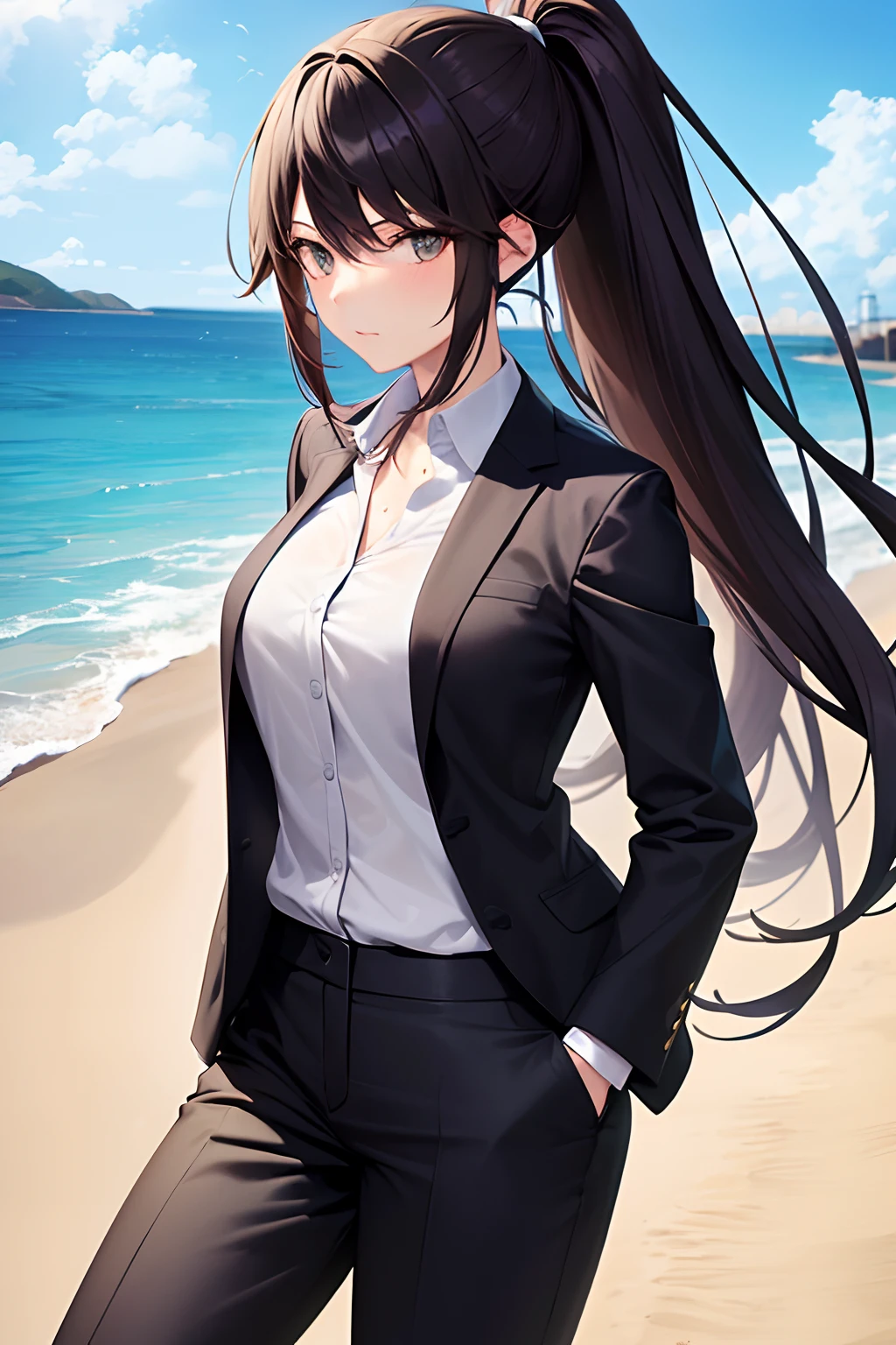 1girl, suit, beach, office lady, black pants, black blazer, brown hair, long hair, ager, ponytail,