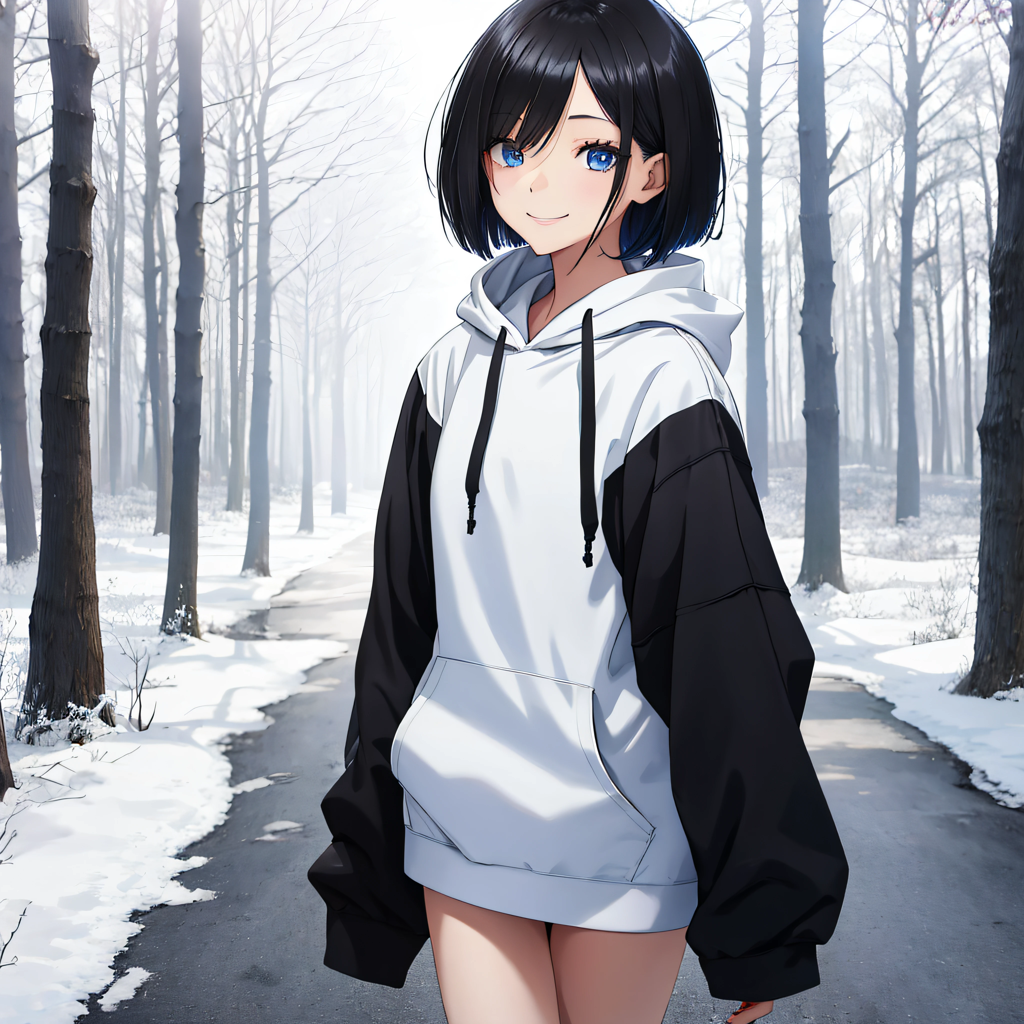 Woman taking a walk、Black Medium Bob、Blue eyes、A smile、White hoodie、the woods、Soto、top-quality