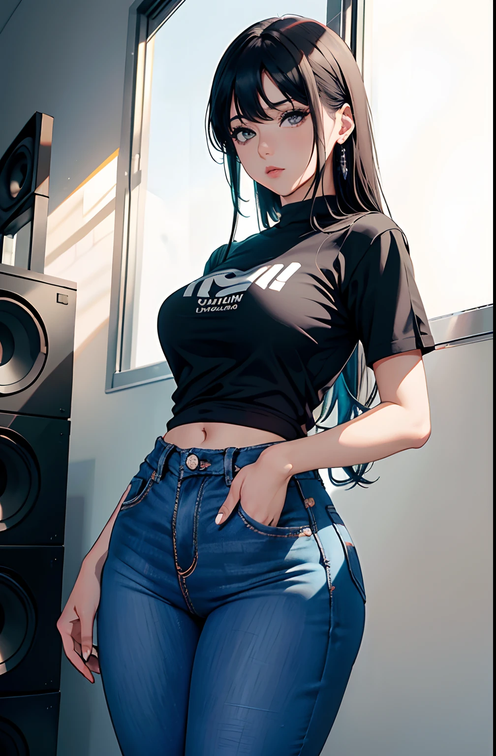(Hinata Hinata, Very , wearing tight clothes, big, Thick legs, Wearing extremely tight jeans, wearing a mini shirt, There leakage in the belly button, long hair, Speakers at the back, Very realista, Very, 8k, 8K extremely detailed), (extremely delicate and beautiful), (masterpiece), (better quality: 1.0), (ultra high definition:1.0)