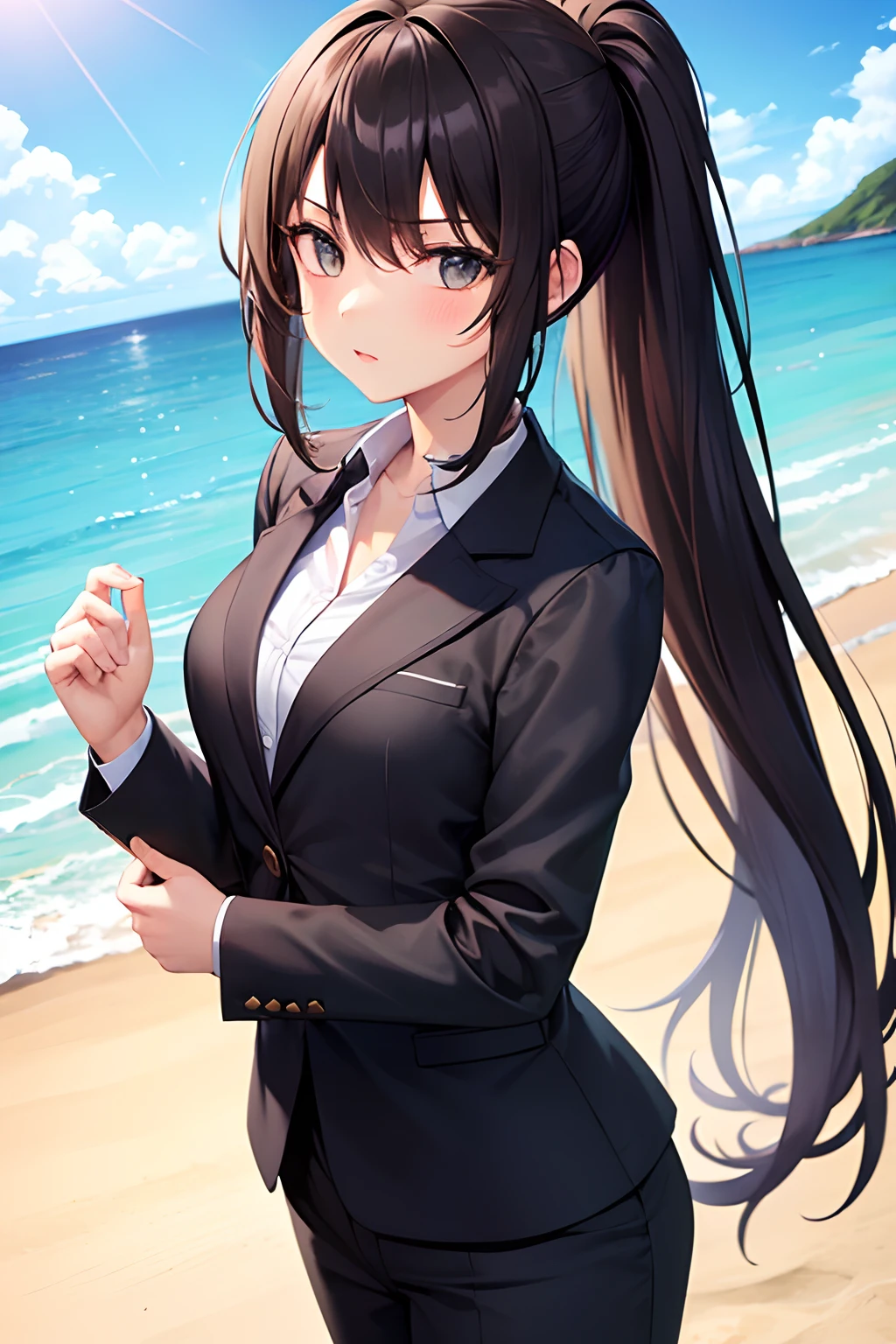 1girl, suit, beach, office lady, black pants, black blazer, brown hair, long hair, teenager, ponytail,