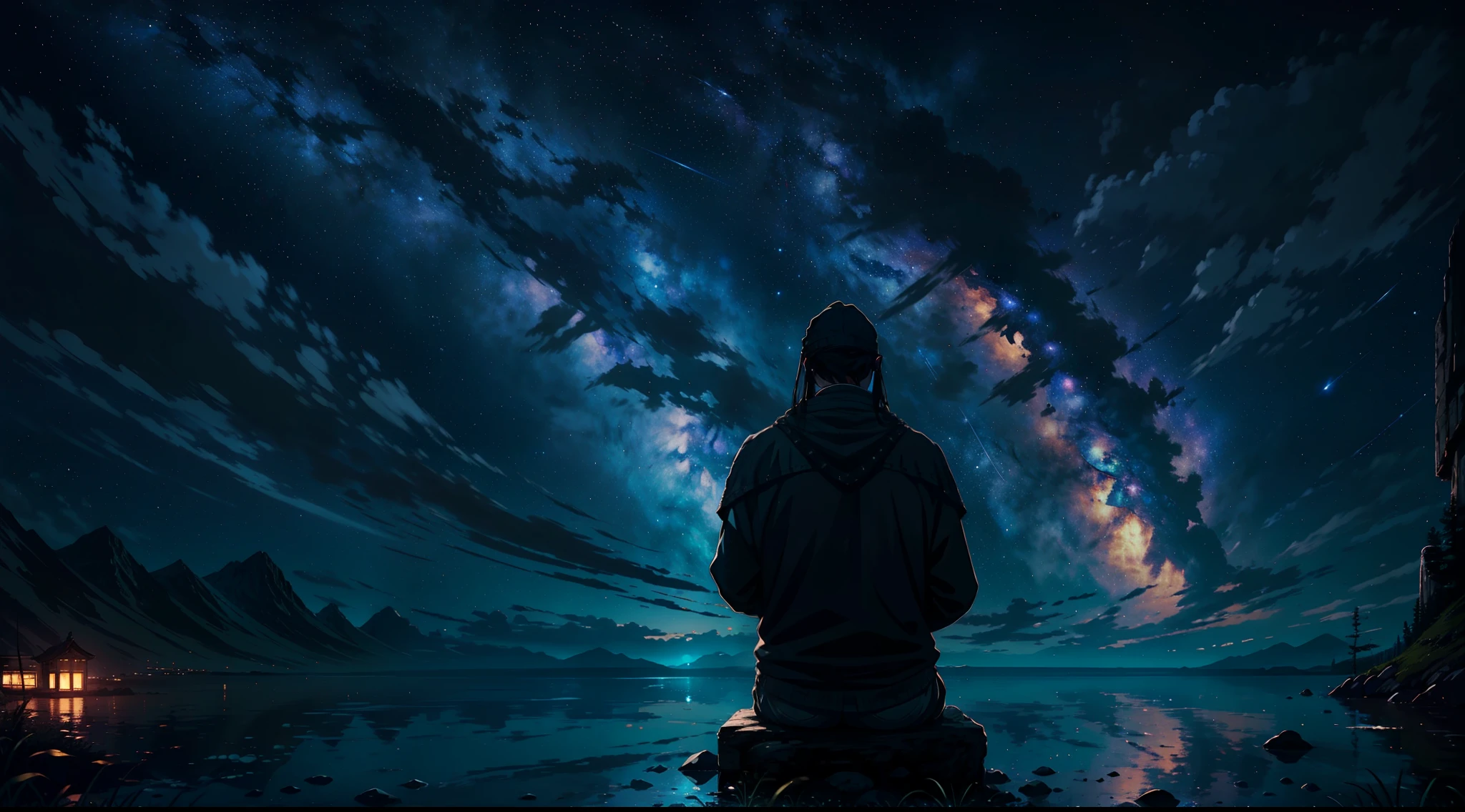 A scene that captures Ragnar's deep contemplation and reflection under a sky full of stars, symbolizing the quest for wisdom and the vastness of the universe.