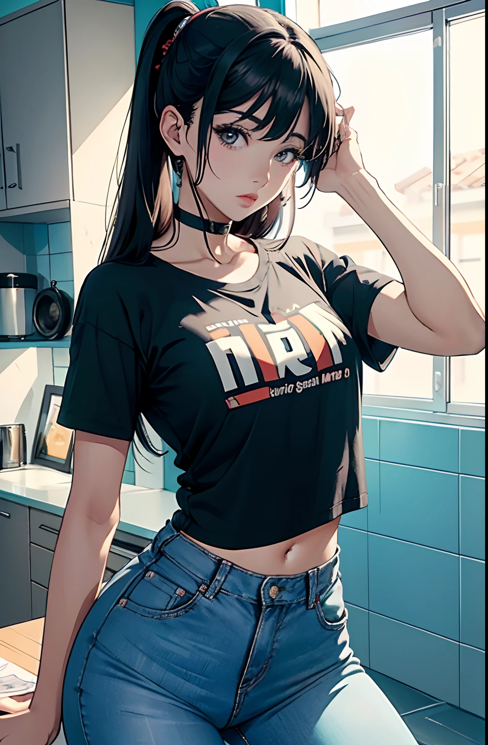 (Hinata Hyuga, muito sensual, com roupas apertadas, bunda grande, pernas grossas, Wearing extremely tight jeans, usando uma mini blusa, umbigo com pirsing, cabelo grande, Speaker behind, muito realista, extremamente sexy, 8k, 8k extremamente detalhado), (um extremamente delicado e bonito), (obra-prima), (melhor qualidade: 1.0), (ultra highres:1.0)