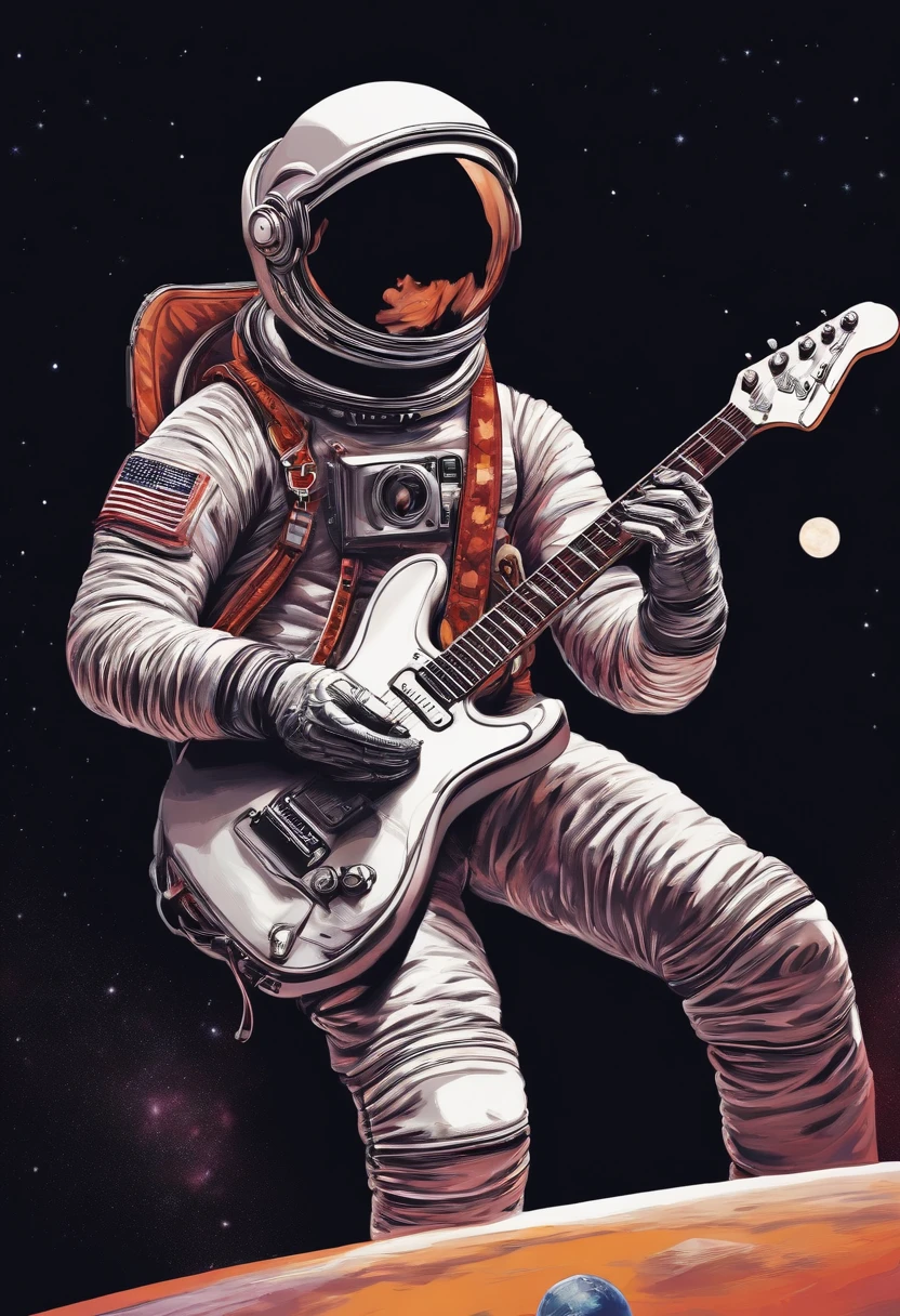 (Detailed description) Astronaut in sunglasses playing model Paul electric guitar