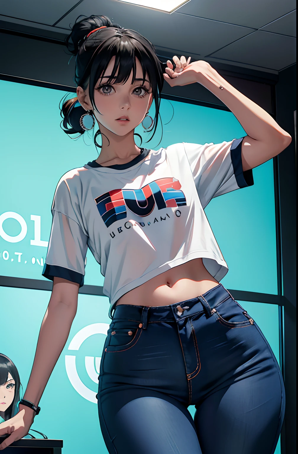(Hinata Hyuga, muito sensual, com roupas apertadas, bunda grande, pernas grossas, Wearing extremely tight jeans, usando uma mini blusa, umbigo com pirsing, cabelo grande, Speaker behind, muito realista, extremamente sexy, 8k, 8k extremamente detalhado), (um extremamente delicado e bonito), (obra-prima), (melhor qualidade: 1.0), (ultra highres:1.0)