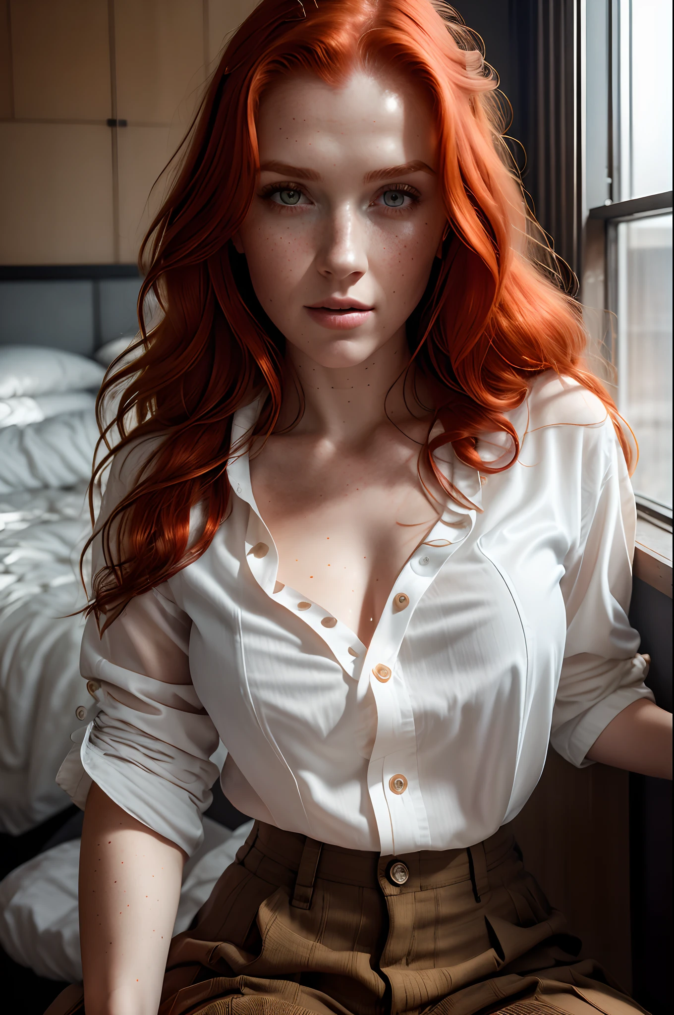 a photo of a seductive woman with loose styled redhead hair, posing in dark studio, she is wearing Button-up Shirt and Trousers, intricate details, goosebumps, flawless face, shy, prude, (light freckles:0.9), ((photorealistic):1.2), raw