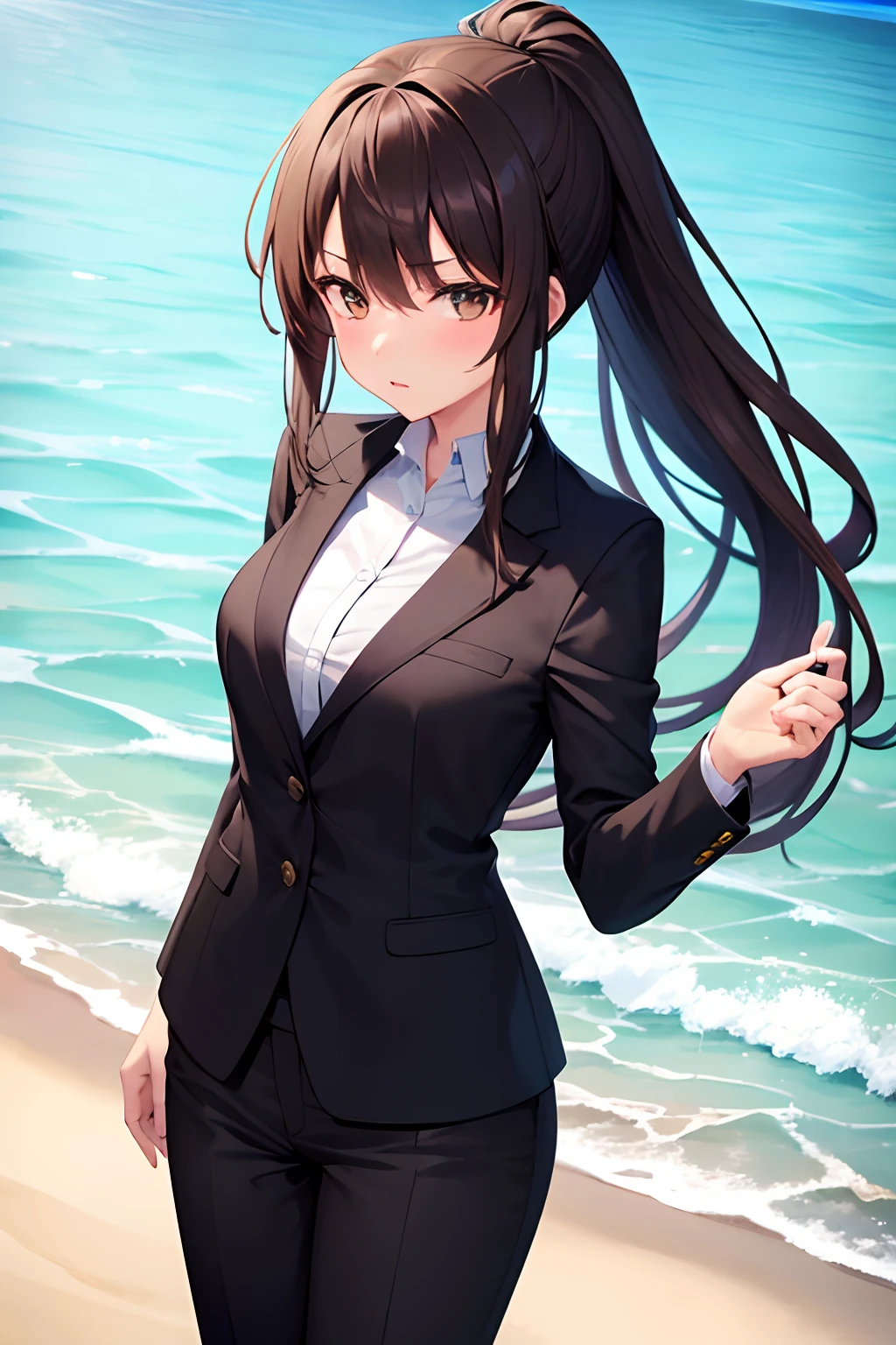 1girl, suit, beach, office lady, black pants, black blazer, brown hair, long hair, teenager, ponytail, pistol