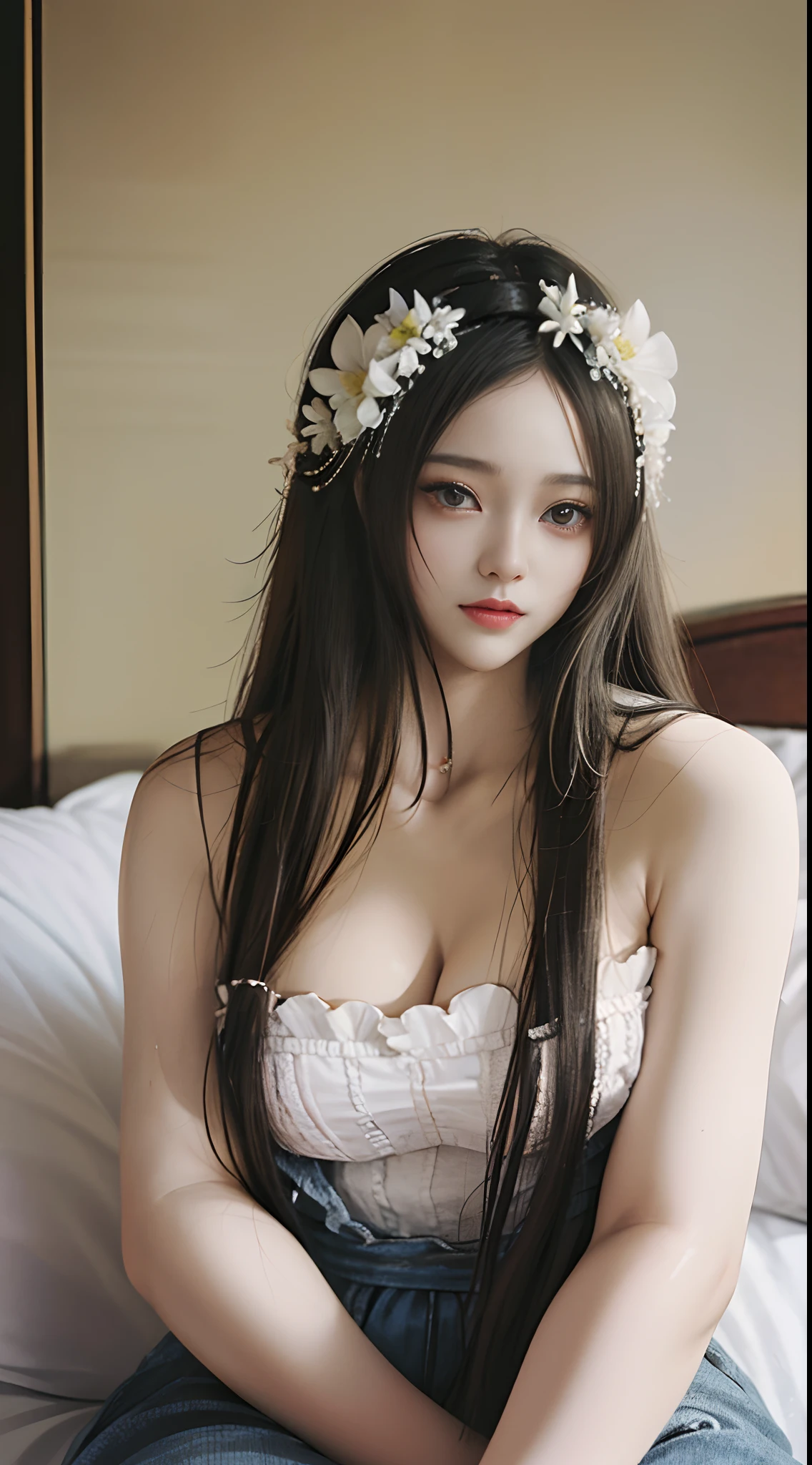 Dilraba Dilmurat, photorealistic, (masterpiece, raw photo, fashion editorial), a woman, big wig, (flowers), dark shot, rococo, seraphim, dress, pearls, painted backdrop, canvas texture, paint brushstroke texture, cloud, in the style of Victor Ngai