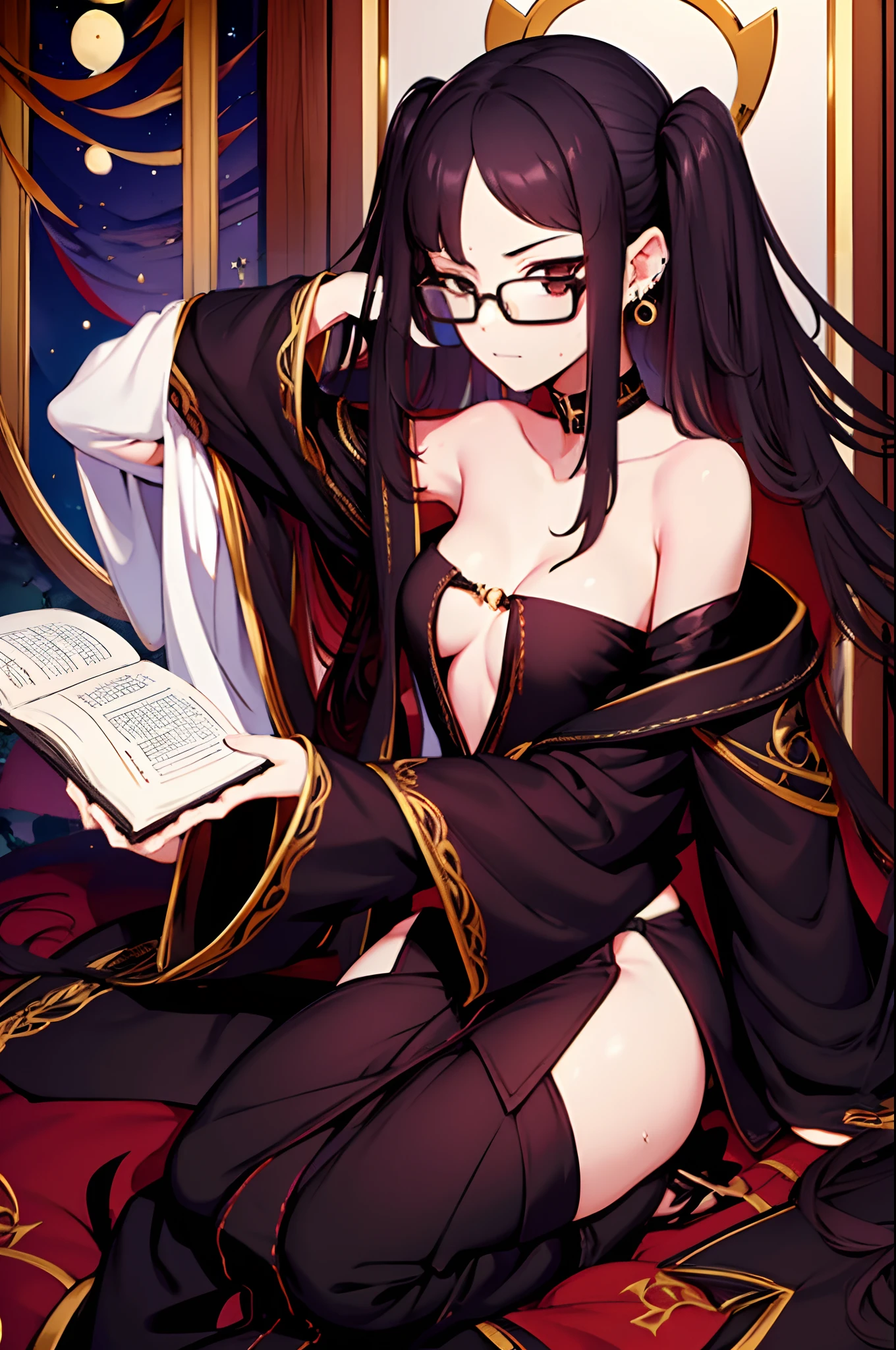 1girl, black-framed eyewear, black hair, book, ear piercing, earrings, full moon, glasses, holding, holding book, jewelry, long hair, long sleeves, mask, moon, night, open book, piercing, reading, sitting, solo, twintails, twitter username, yu mei-ren \(fate\)