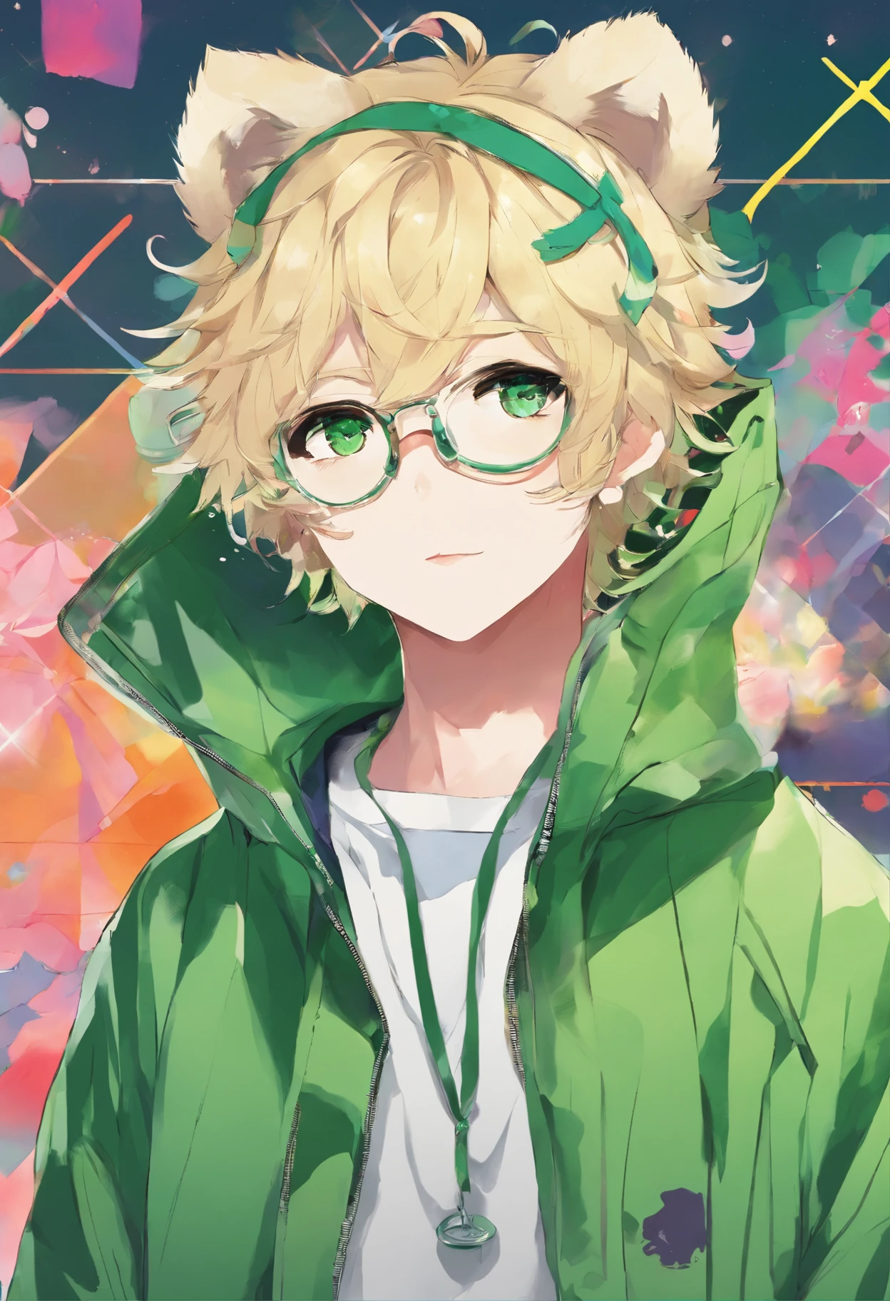 Bear ears、1 boy、a blond、eye glasses、Green eyes、green coat、Human Beauty Boys、short-haired