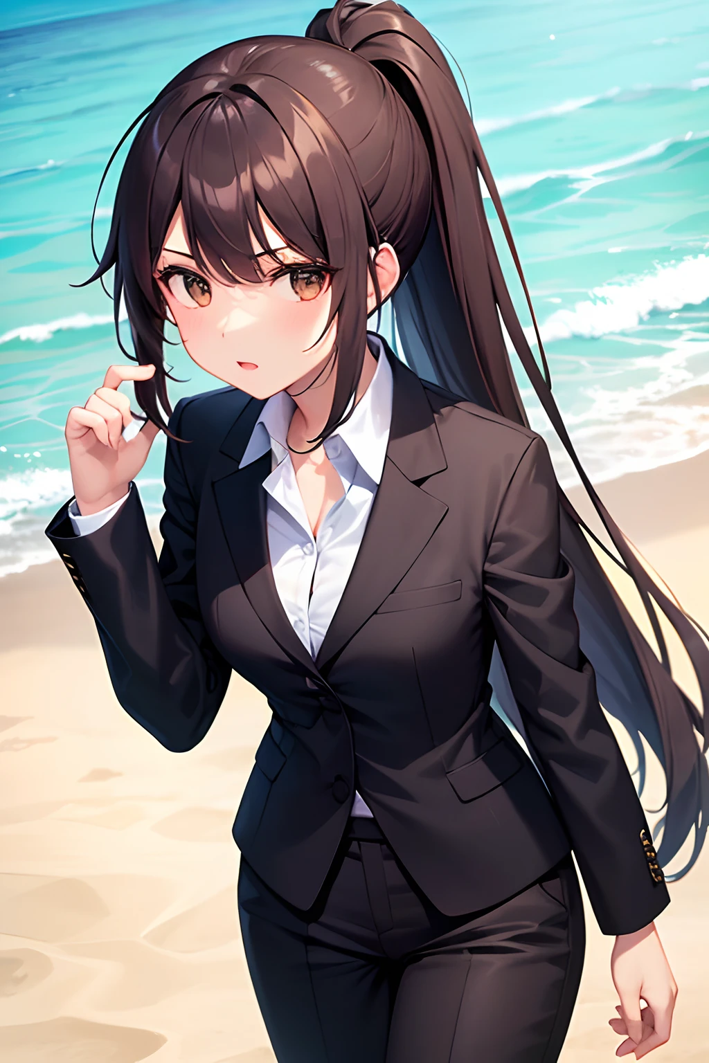 1girl, suit, beach, office lady, black pants, black blazer, brown hair, long hair, teenager, ponytail, pistol