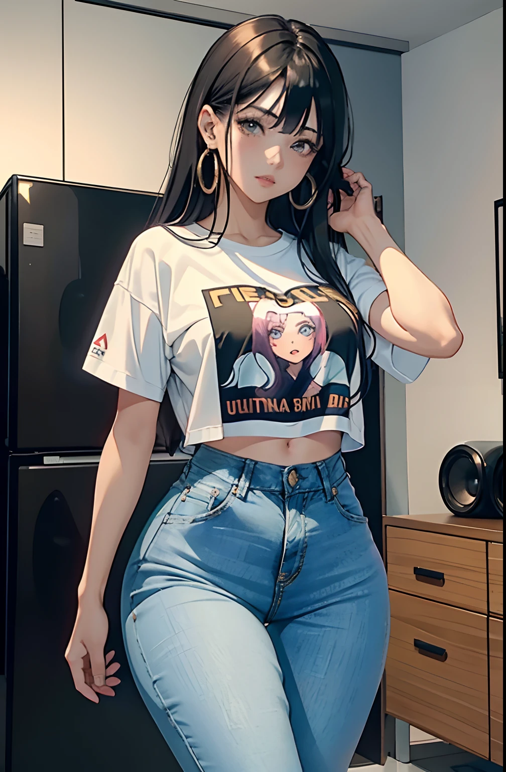 (Hinata Hyuga, muito sensual, com roupas apertadas, bunda grande, pernas grossas, Wearing extremely tight jeans, usando uma mini blusa, umbigo com pirsing, cabelo grande, Speaker behind, muito realista, extremamente sexy, 8k, 8k extremamente detalhado), (um extremamente delicado e bonito), (obra-prima), (melhor qualidade: 1.0), (ultra highres:1.0)