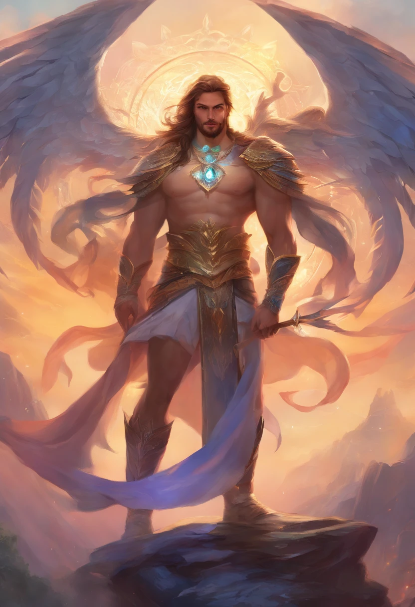 He is an Archangel. He has very long auburn hair that reaches the middle of his back, adorned with a few braids and decorated with feathers. He is extremely tall with a beard and dark brown eyes. He is known as a gentle giant. He is wearing Lingerie.