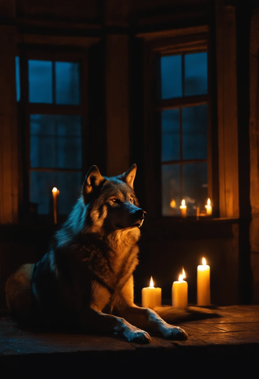 A solitary wolf sitting alone and calm in an appartment, lighted by candles, at night. behind the windows, we can see his pack of wolves standing, looking ready and angry