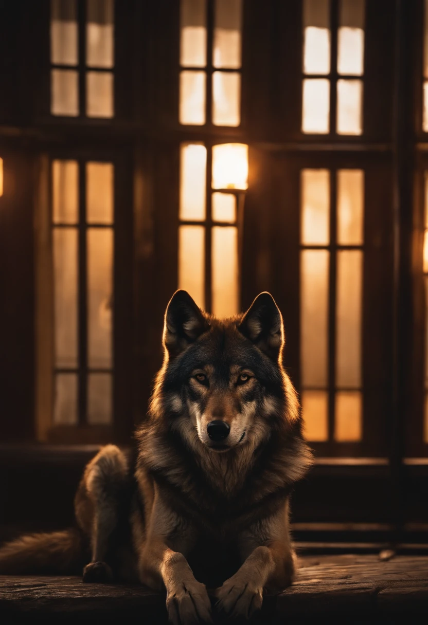A solitary wolf sitting alone and calm in an appartment, lighted by candles, at night. behind the windows, we can see his pack of wolves standing, looking ready and angry