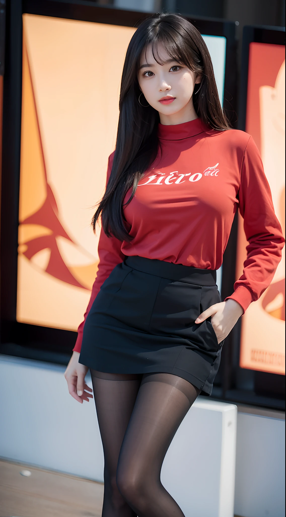 ((best quality)), ((masterpiece)), (detailed), perfect face, a woman in a dark-blue t-shirt and thight skirt random posing for a picture, bbwchan, thick body, thicc, she has a jiggly fat round belly, korean girl, curvy model, beautiful thick female, thick, heonhwa choe, widest hips, skinny waist and thick hips, alluring plus sized model, thick thighs, nene tanaka body, nene tanaka face. Bbwchan, body view, wearing a red sneaker, small breast, woman in proportions body, big eye, big cheeks, naughty face, milky white skin, chubby cheeks, random background