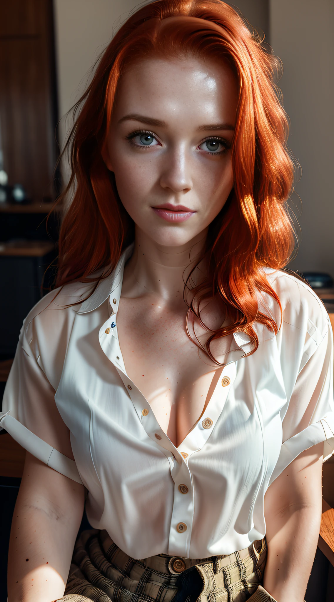 a photo of a seductive woman with loose styled redhead hair, posing in dark studio, she is wearing Button-up Shirt and Trousers, intricate details, goosebumps, flawless face, shy, prude, (light freckles:0.9), ((photorealistic):1.2), raw