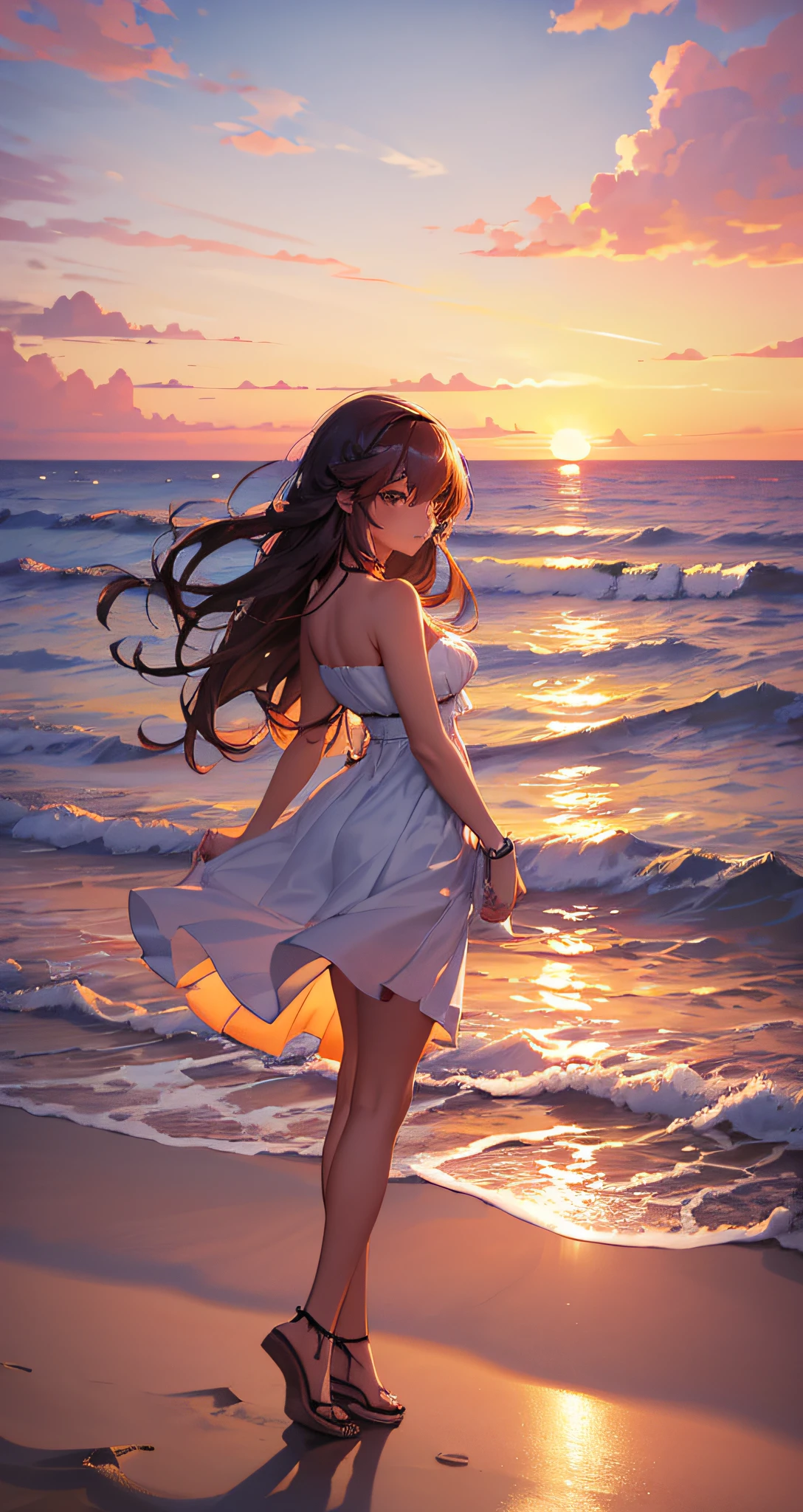 Cute, Young woman, Hold the phone, Stand by the railing of the beach, Bask in the golden hues of the setting sun. Her long hair danced in the breeze,Capture the beauty of the moment. The warm sun illuminates the sea in the distance, Create a mesmerizing scene. The picturesque scenery and her charming presence are combined,Cool down for hot summer days. It became a fascinating vision,Stimulates imagination and wanderlust.
