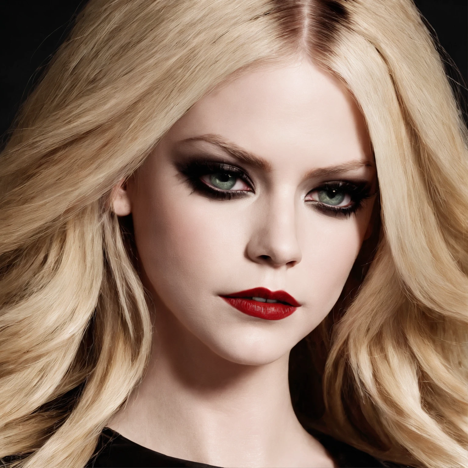 Avril lavigne usando mechas vermelhas no cabelo,sombra preta nos olhos,batom vermelho, m vestido preto bordado,uma gargantilha e uma coroa