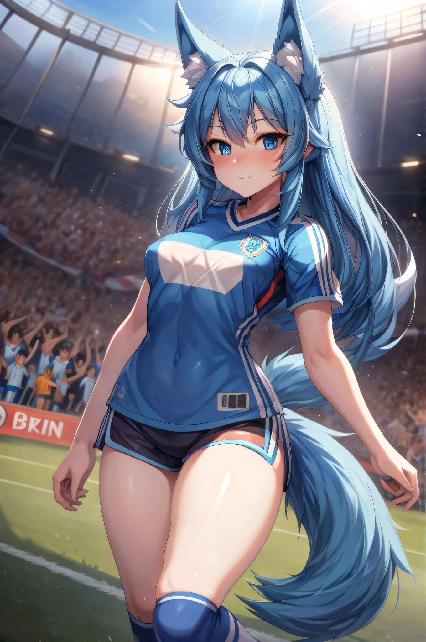 (Masterpiece) (High Detail) (High Res) A short humanoid girl with pale human skin and blue eyes and long blue hair and blue dog ears and a fluffy dog tail and average breasts is wearing a blue soccer jersey, small white soccer shorts and long red knee-high soccer socks. Stood on a soccer pitch with fans in the crowd.