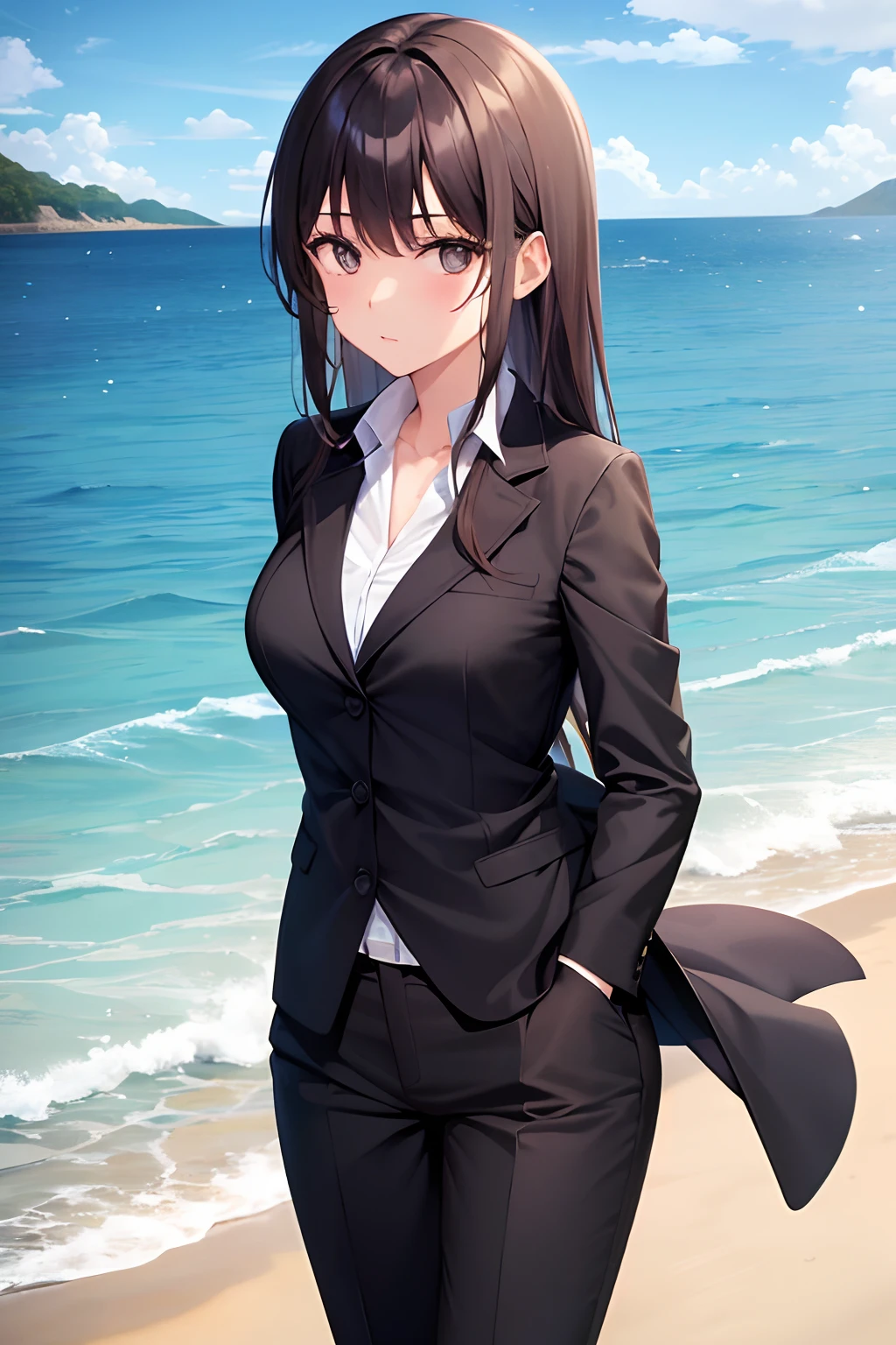 1girl, suit, beach, office lady, black pants, black blazer, brown hair, long hair, ager,
