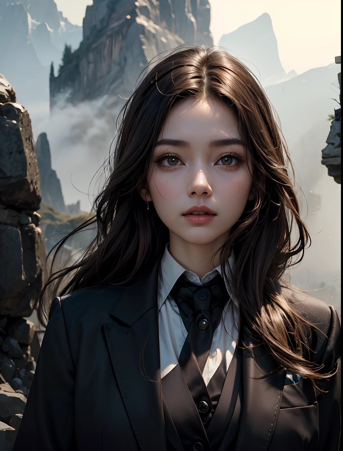 One Beautiful Woman。She has pale brown hair that reaches down to her shoulders.。She is wearing a black business suit。She's alone in the mountains、There is an eerie mist all around。8K image quality。Masterpiece。