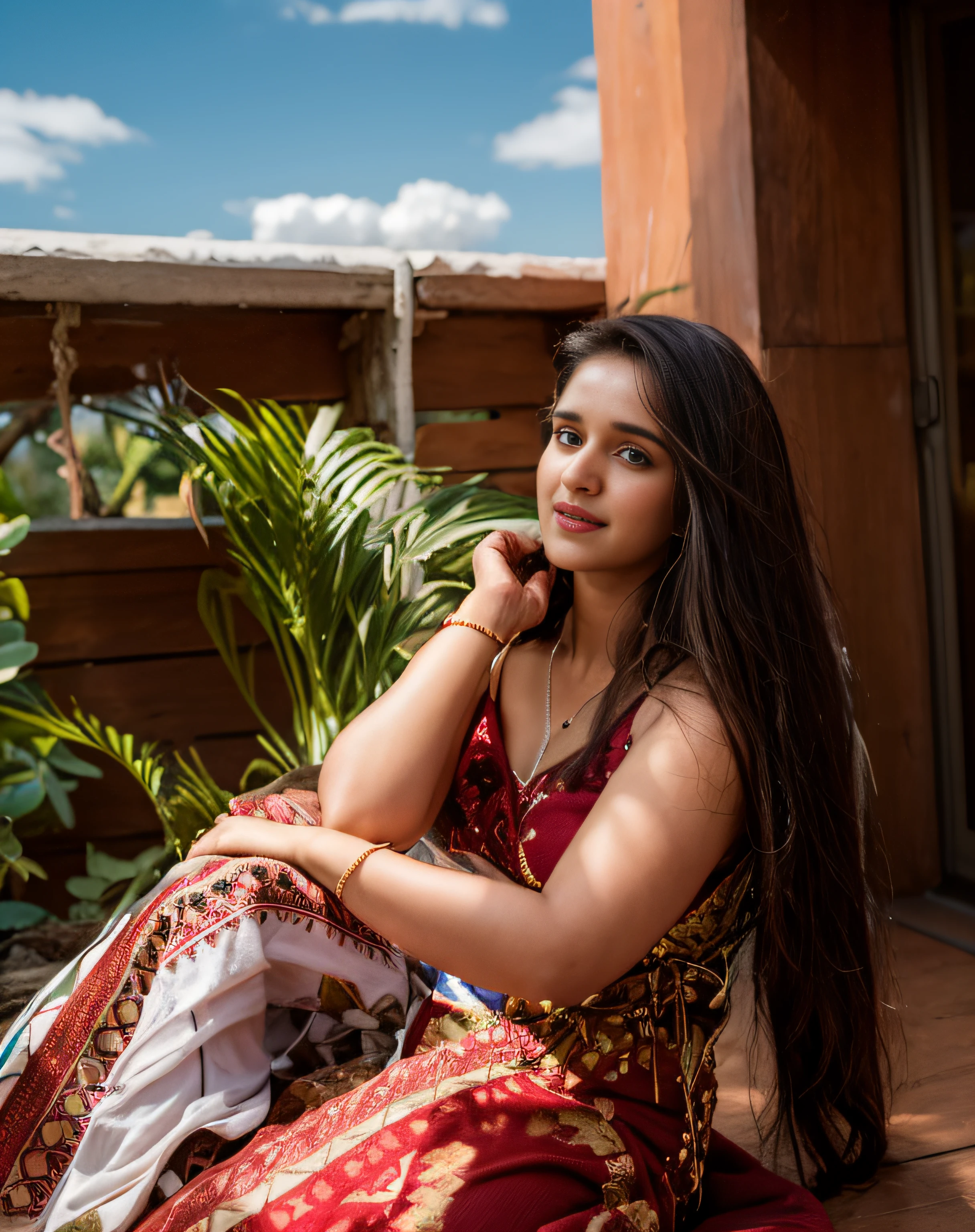 (((An indian female model shraddha kapoor sitting on a porch with a plant and a sky background)))、dark red lips, profile photography, shot with premium dslr camera, with a seductive smile, with lovely look, taken with canon 8 0 d, attractive girl, photo taken with nikon d750, photo taken with nikon d 7 5 0, modeling photography, indian girl with brown skin, with long hair, casual photography