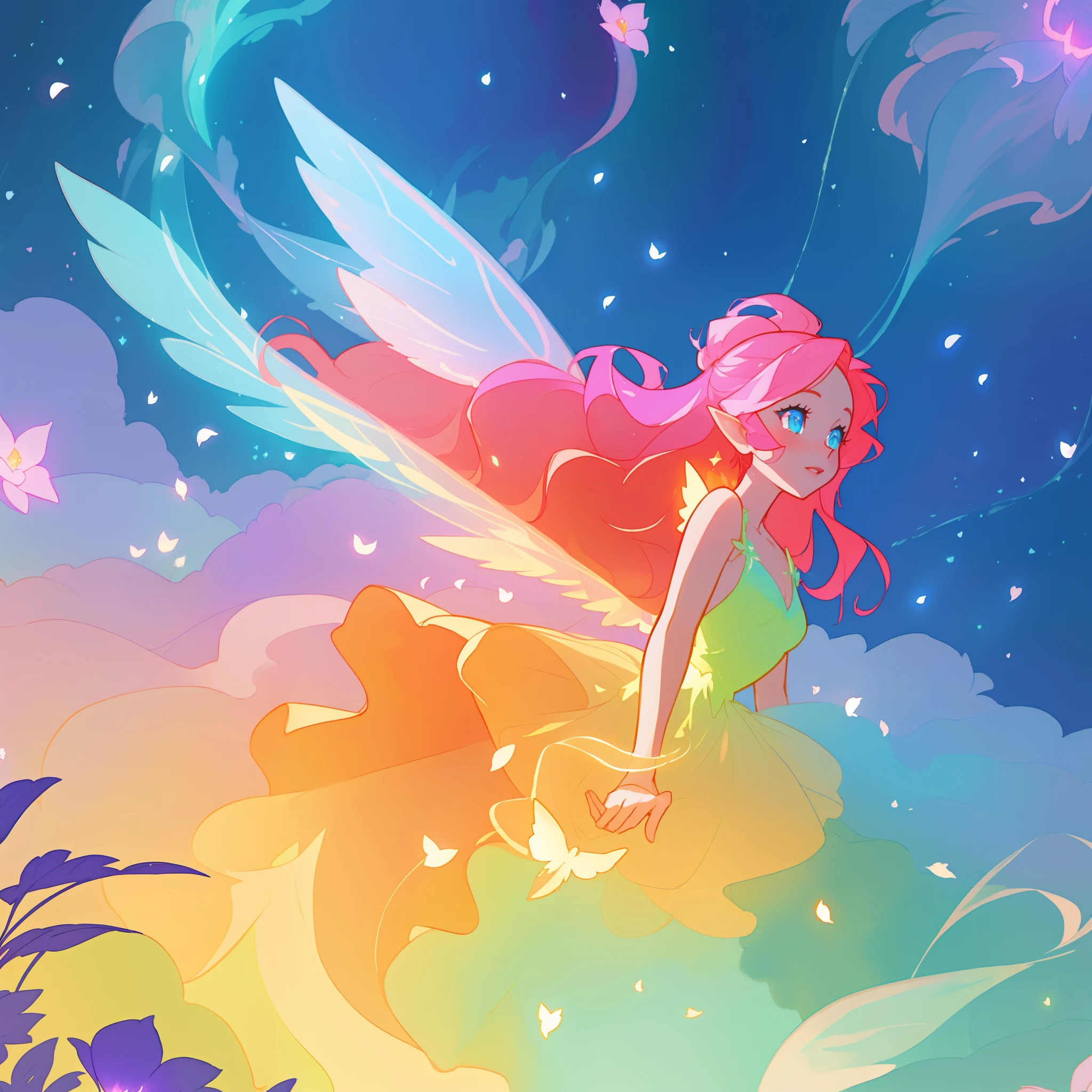 beautiful girl in flowing ballgown dress, (glowing fairy wings), glowing flowing ballgown, long wavy hair, sparkling fairy wings, watercolor illustration, flowers and colorful plants, inspired by Glen Keane, inspired by Lois van Baarle, disney art style, by Lois van Baarle, glowing aura around her, by Glen Keane, jen bartel, glowing lights! digital painting, flowing glowing hair, glowing flowing hair, beautiful digital illustration, fantasia otherworldly landscape plants flowers, beautiful, masterpiece, best quality, anime disney style