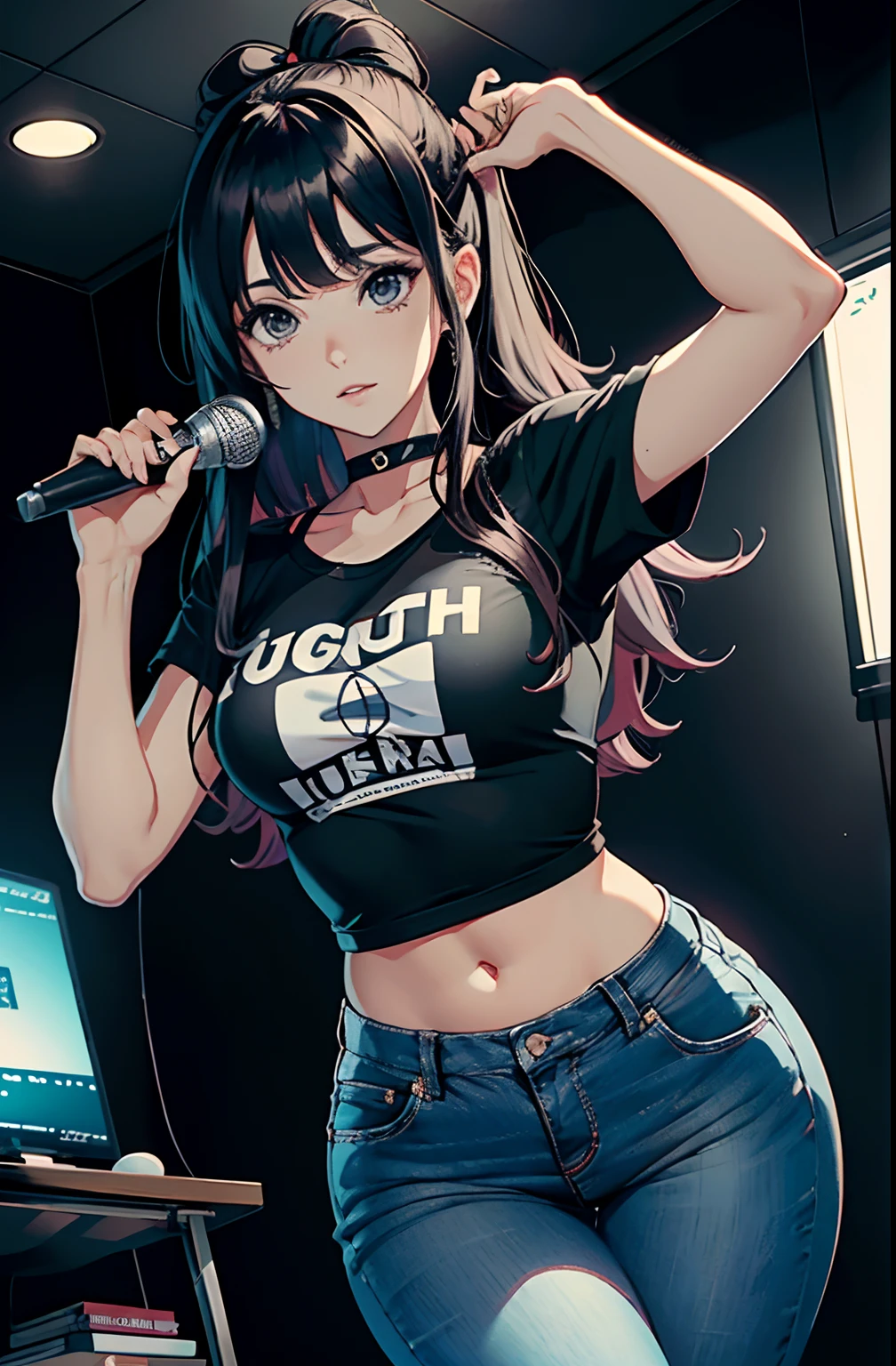 (Hinata Hyuga, muito sensual, com roupas apertadas, bunda grande, pernas grossas, Wearing extremely tight jeans, usando uma mini blusa, umbigo com pirsing, cabelo grande, Speaker behind, muito realista, extremamente sexy, 8k, 8k extremamente detalhado), (um extremamente delicado e bonito), (obra-prima), (melhor qualidade: 1.0), (ultra highres:1.0)