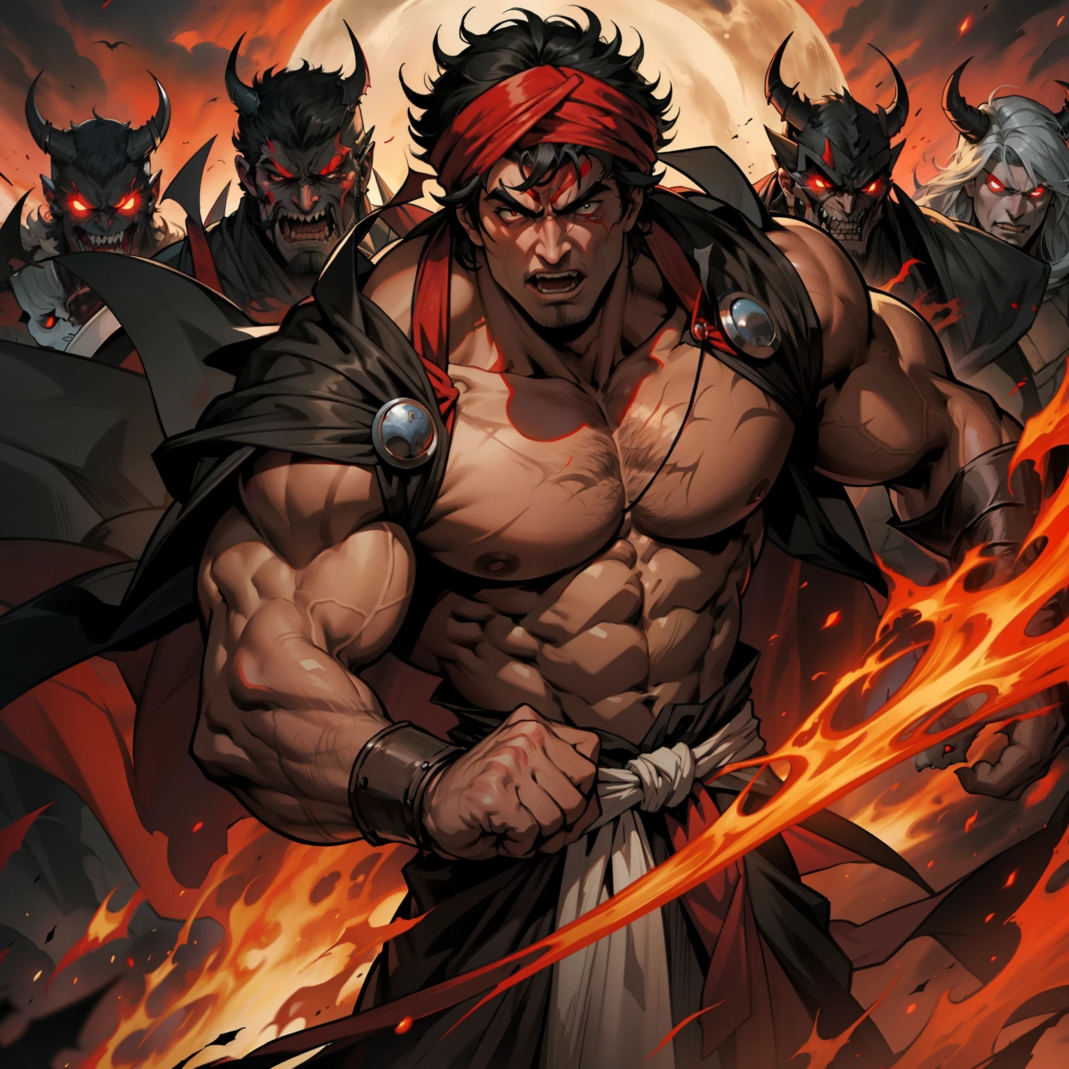 Lord Dracula with Red Turban Scary Face Hokuto No Ken Structure Muscular Face Kenshiro Leading the Troops Demon Army to Fight Sharp Details Cinematic Scenes