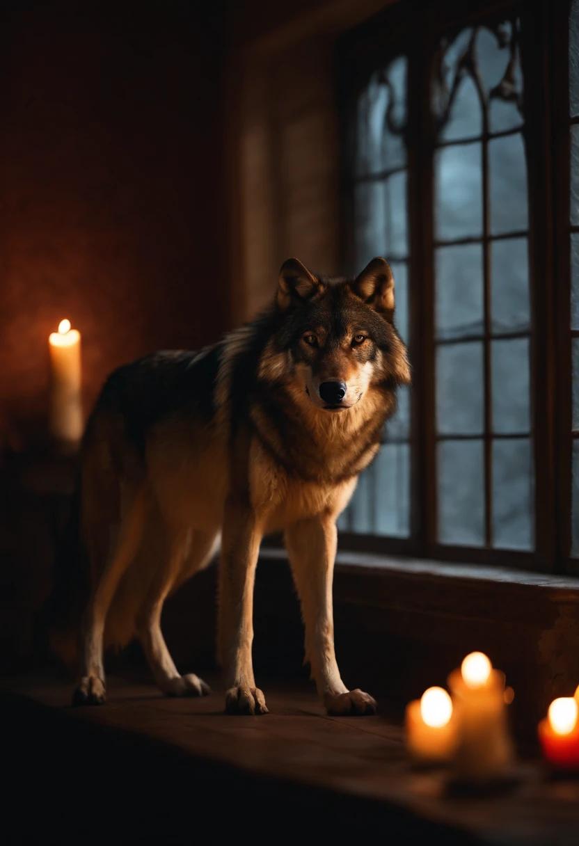 A solitary wolf sitting alone and calm in an appartment, lighted by candles, at night, and a pack of wolves behind the windows