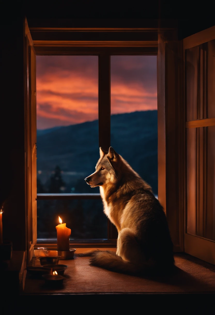 A solitary wolf sitting alone and calm in an appartment, lighted by candles, at night, and a pack of wolves behind the windows