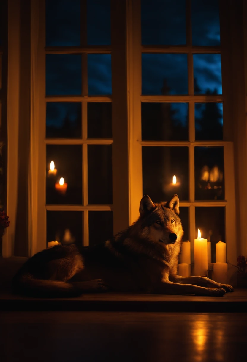 A solitary wolf sitting alone and calm in an appartment, lighted by candles, at night, and a pack of wolves behind the windows