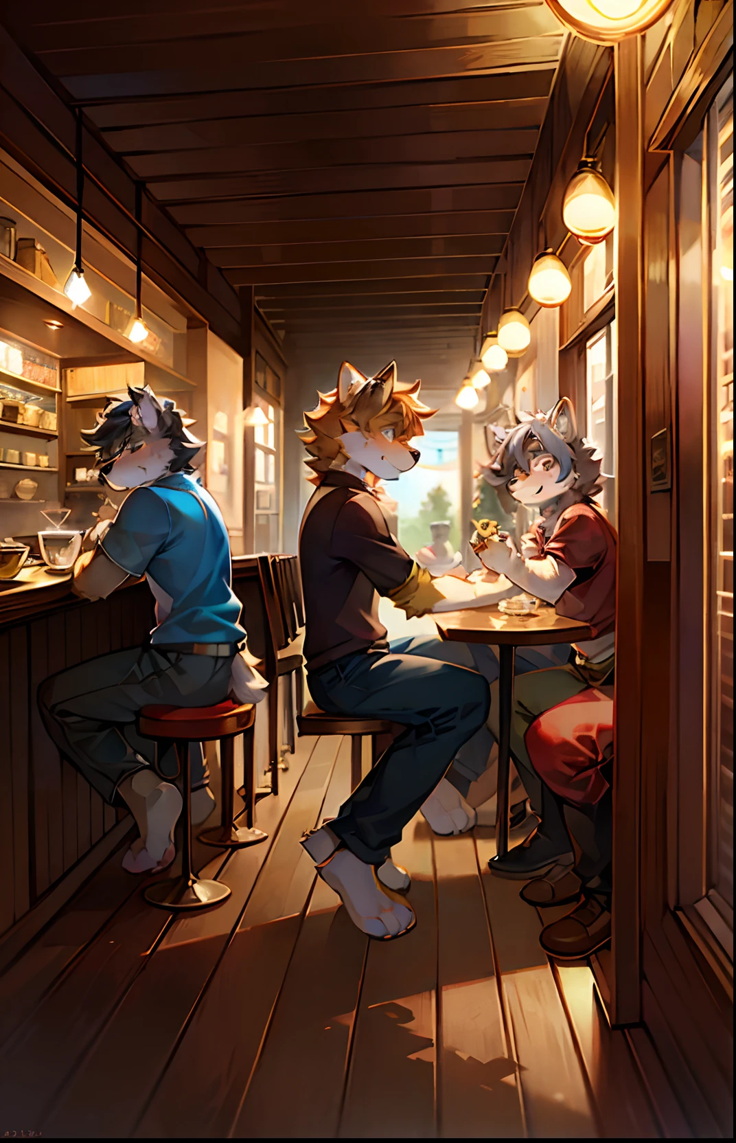 Furry-Neighbors 、shaggy、male people、Ultra-clear 4K fanart、Furry、Tea time、cafe shop、