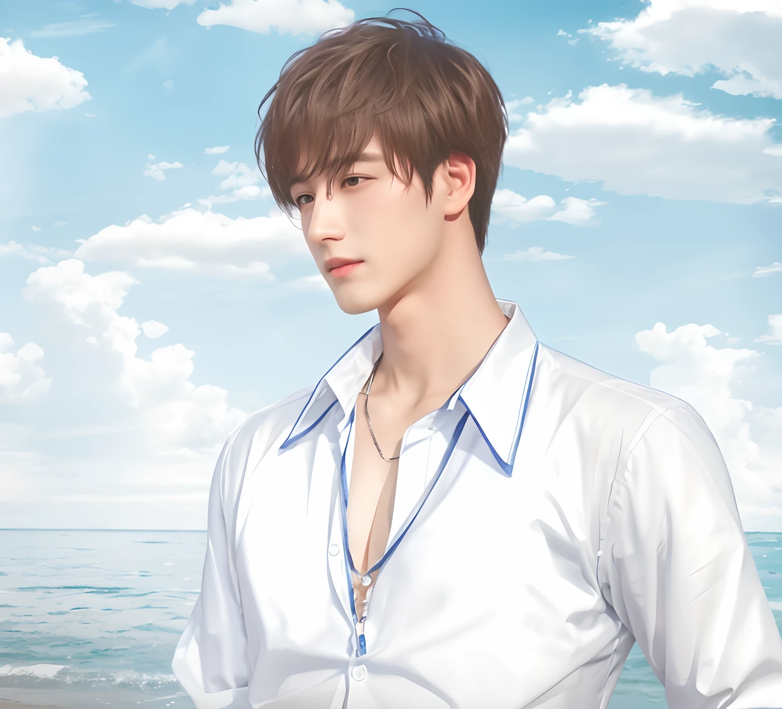 man in white shirt standing on the beach with ocean in background